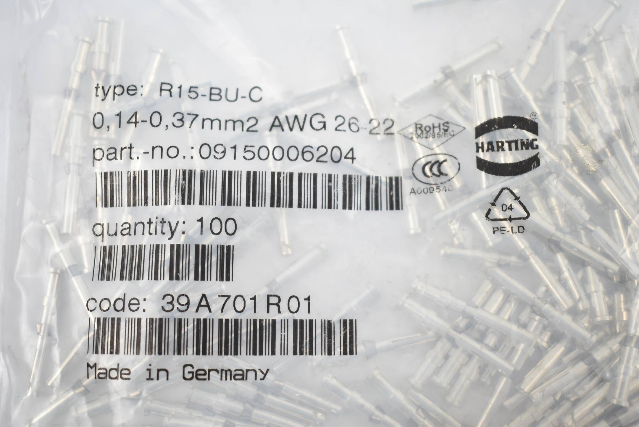 Harting Crimpkontakt R15-BU-C ( 09150006204 ) 0,14-0,37mm² AWG 26-22 ( VE 100x )