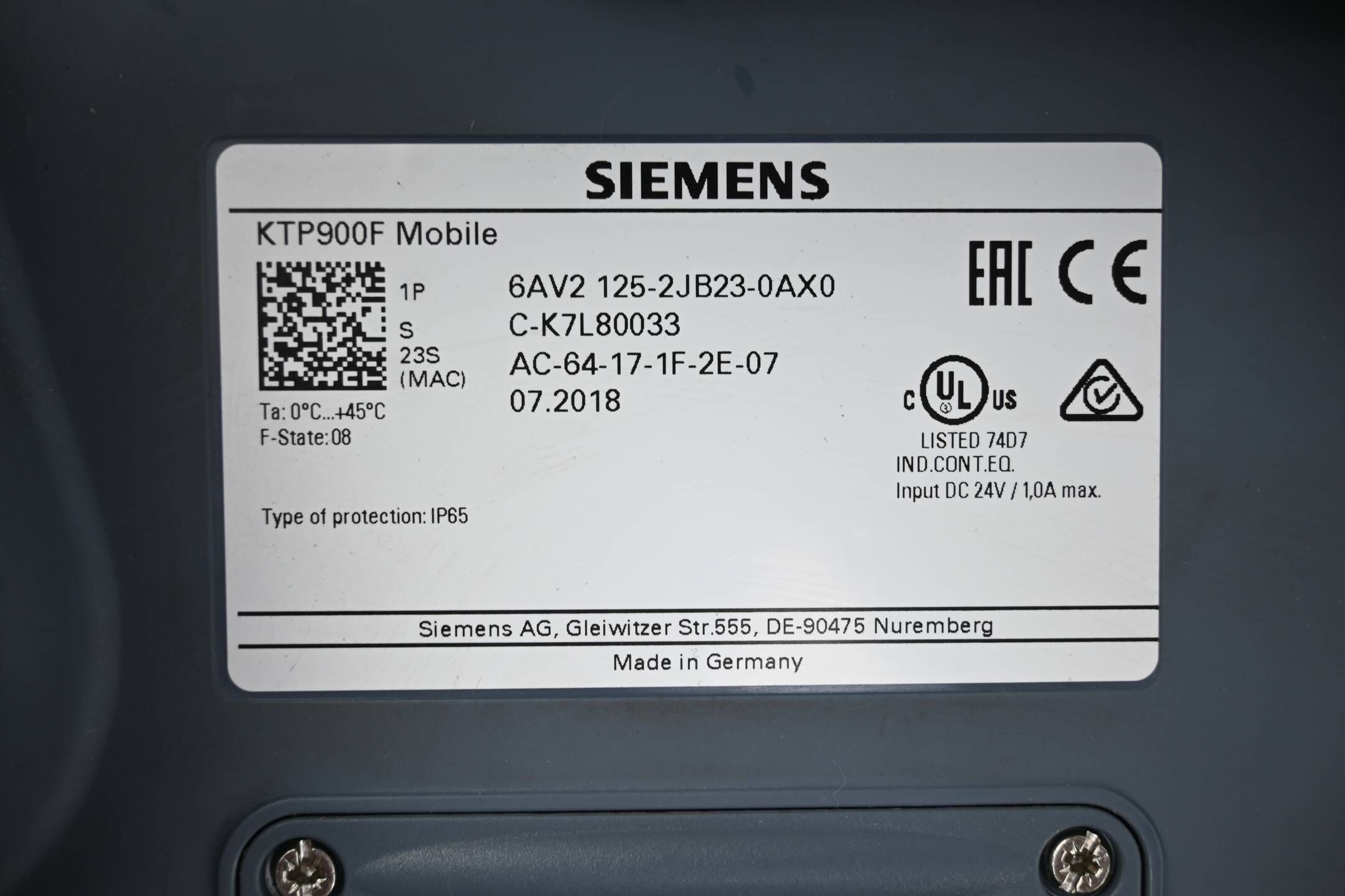 Siemens Simatic HMI KTP900F Mobile 6AV2125-2JB23-0AX0 ( 6AV2 125-2JB23-0AX0 ) E8