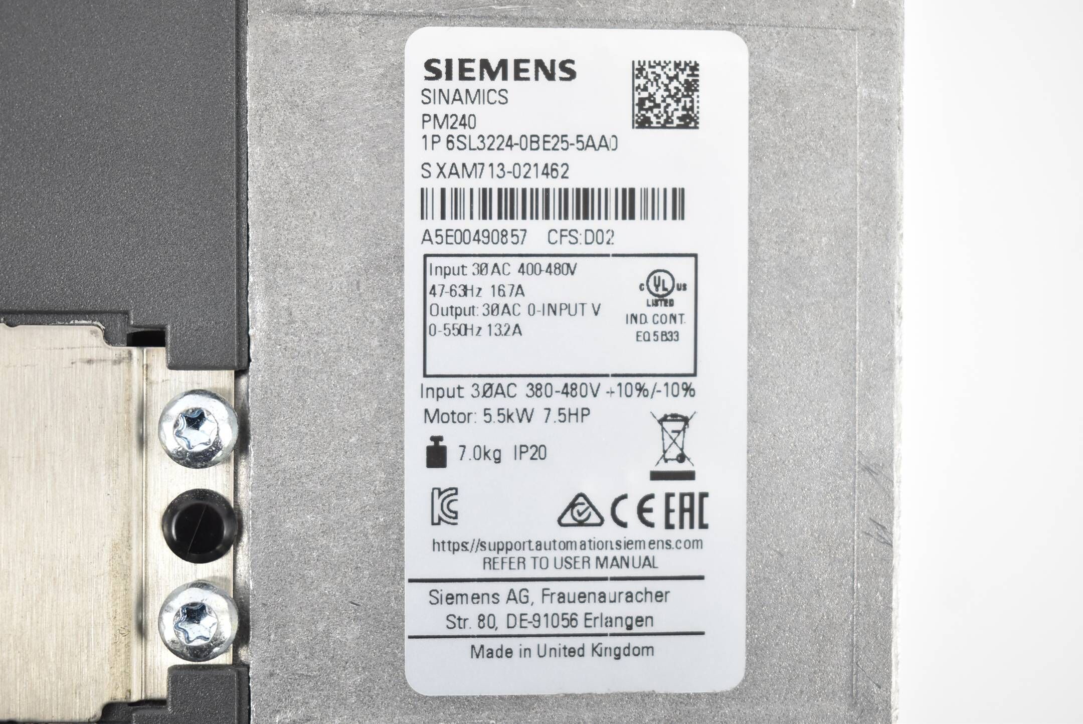 Siemens Sinamics G120 PM 6SL3224-0BE25-5AA0 ( 6SL3 224-0BE25-5AA0 ) Vers. D02