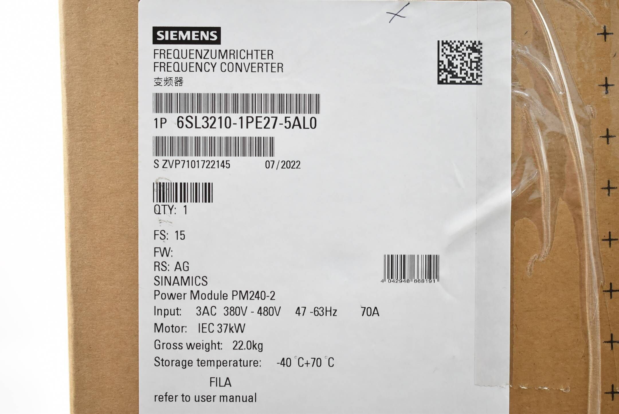 Siemens G120 PM240-2 37kW 6SL3210-1PE27-5AL0 ( 6SL3 210-1PE27-5AL0 ) E15