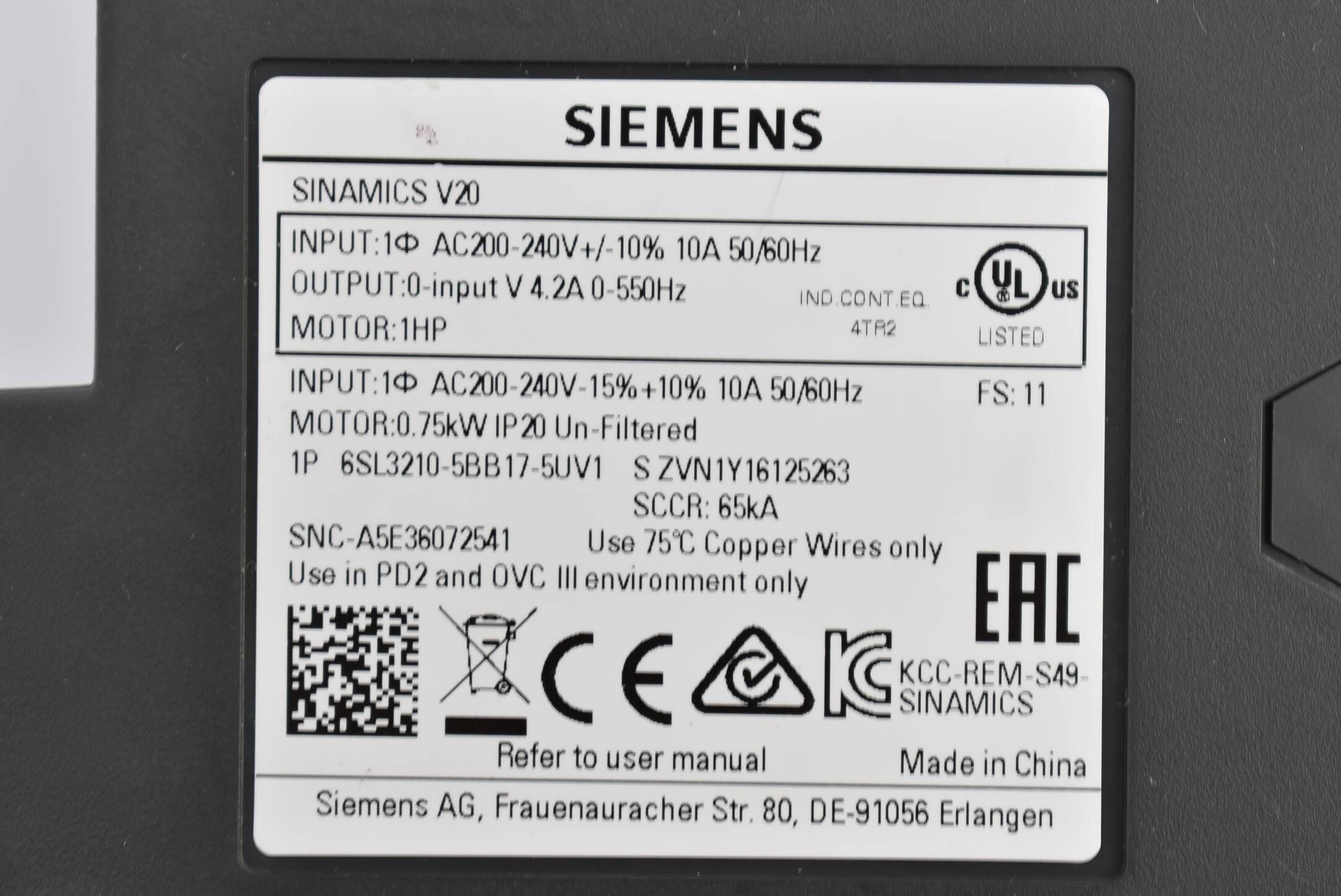 Siemens sinamics V20 Umrichter 6SL3210-5BB17-5UV1 ( 6SL3 210-5BB17-5UV1 ) E11