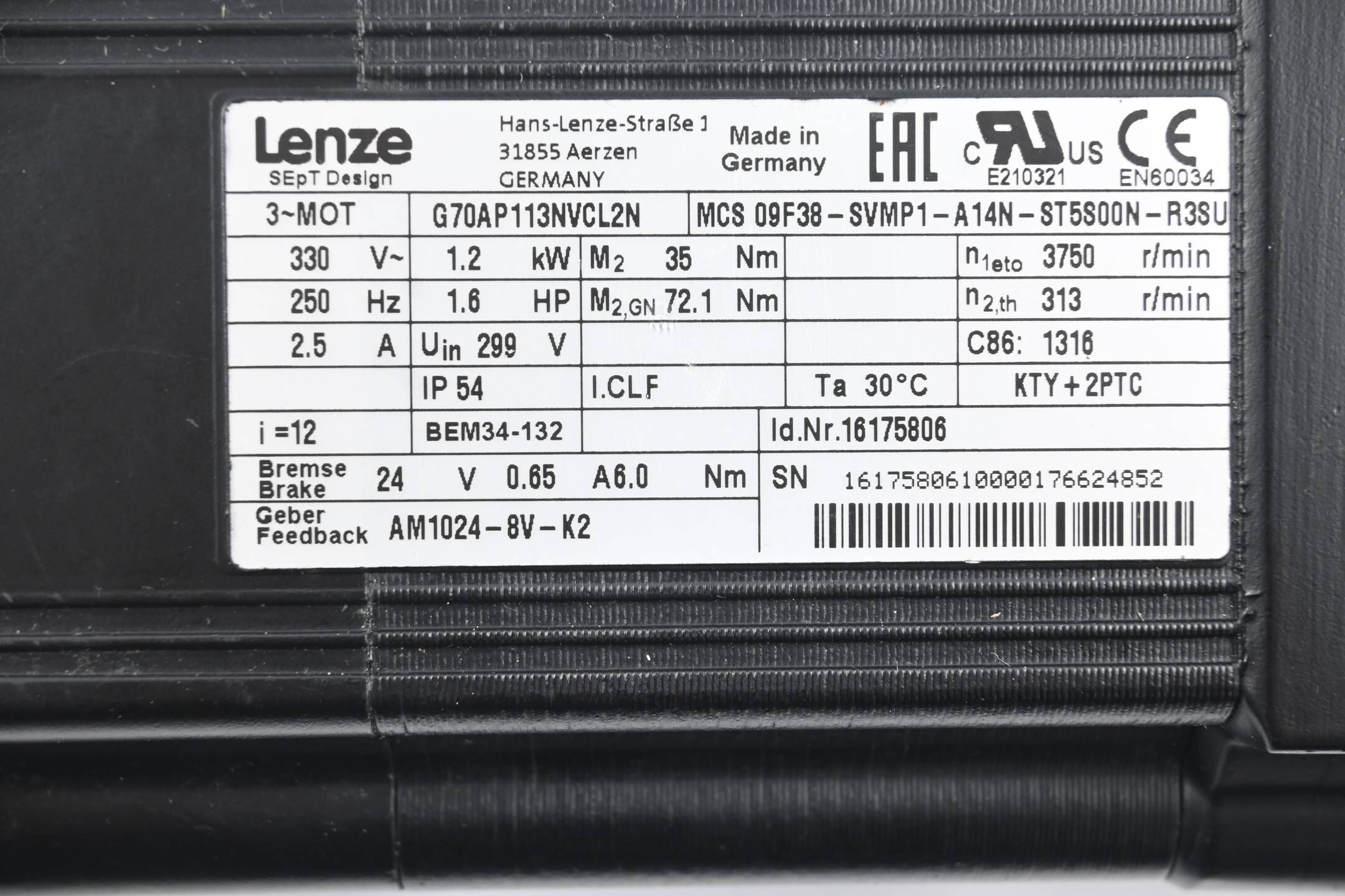 Lenze 3~ Motor MCS 09F38-SVMP1-A14N-ST5S00N-R3SU inkl. Getriebe G70AP113NVCL2N