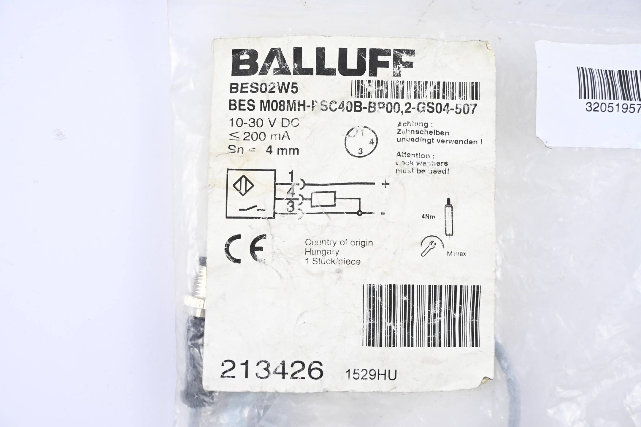 Balluff Induktiver Näherungsschalter BES02W5 / BES M08MH-PSC40B-BP00,2-GS04-507