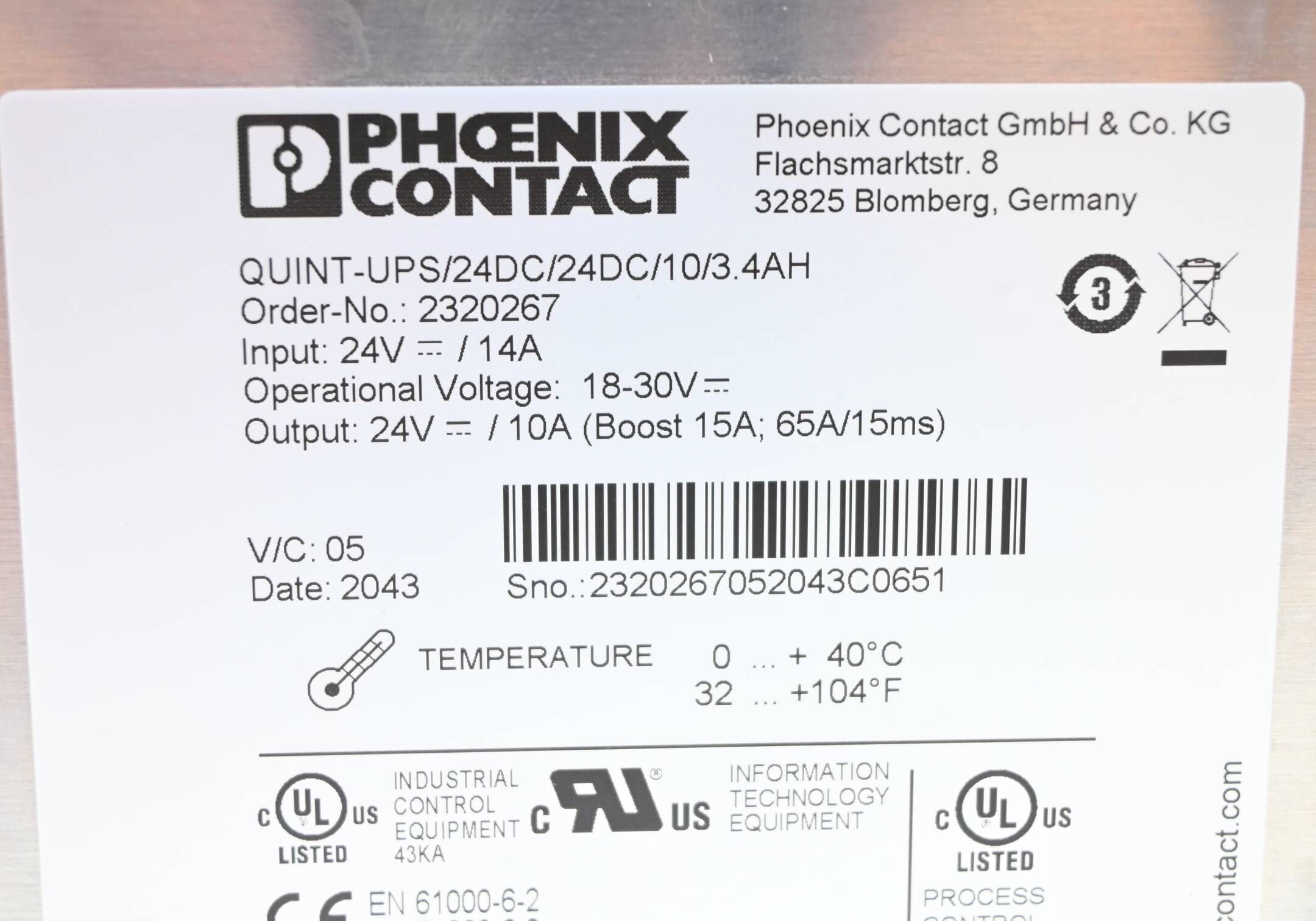 Phoenix Contact Stromversorgung QUINT-UPS/ 24DC/ 24DC/10/3.4AH ( 2320267 )