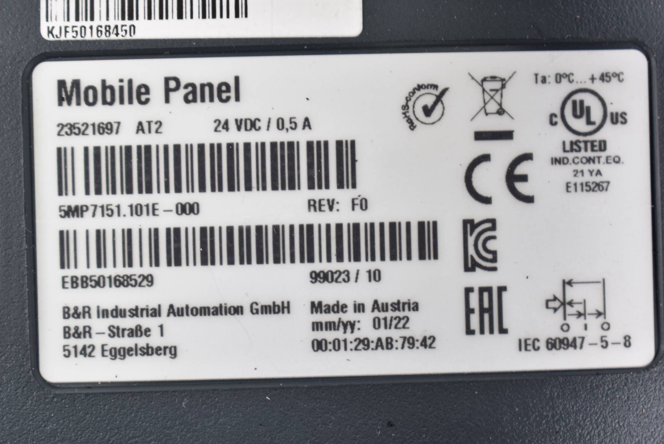 B&R autormation Mobile Panel 7100 10,1" 24VDC 0,5A 5MP7151.101E-000 Rev. F0