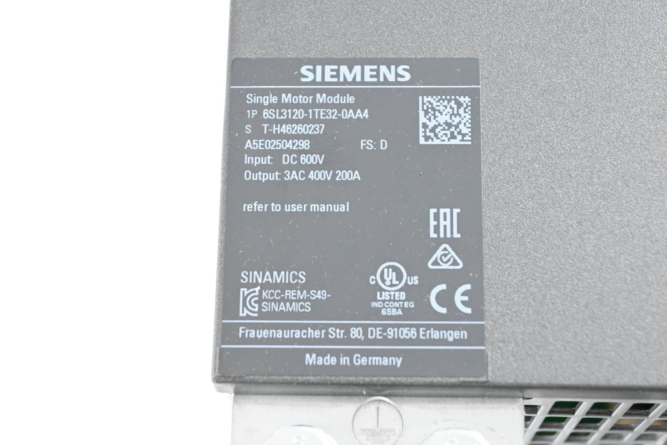 Siemens Sinamics S120 6SL3120-1TE32-0AA4 ( 6SL3 120-1TE32-0AA4 ) Vers. D