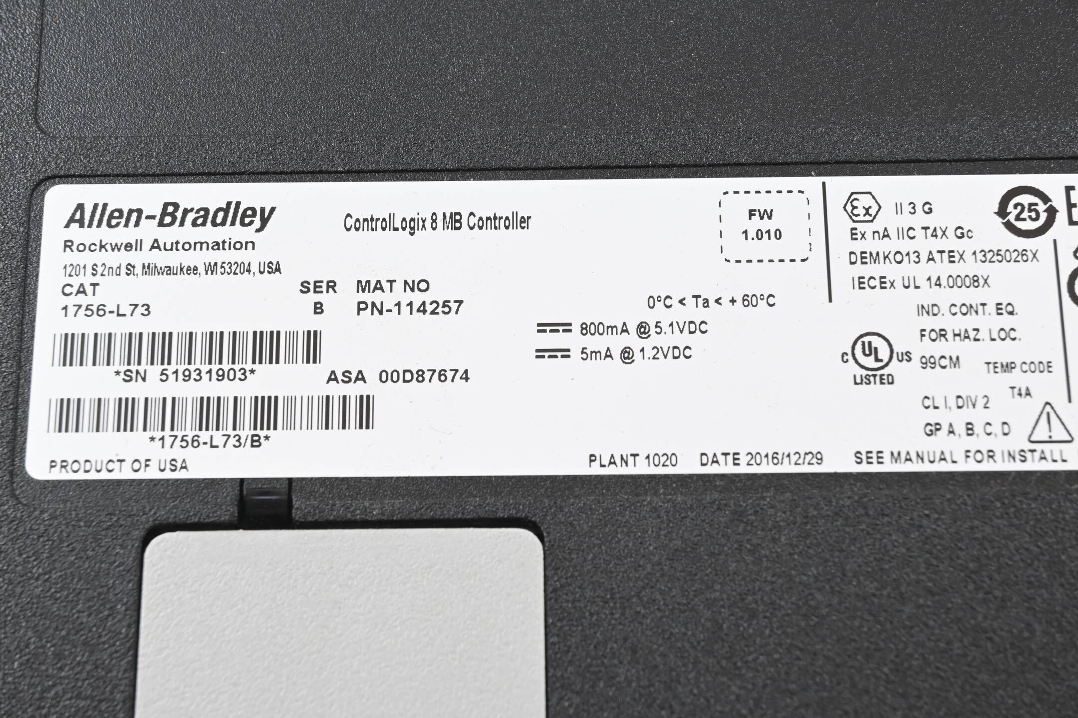 Allen-Bradley ControlLogix 8MB Controller 1756-L73 ( Ser. B / FW: 1.010 )