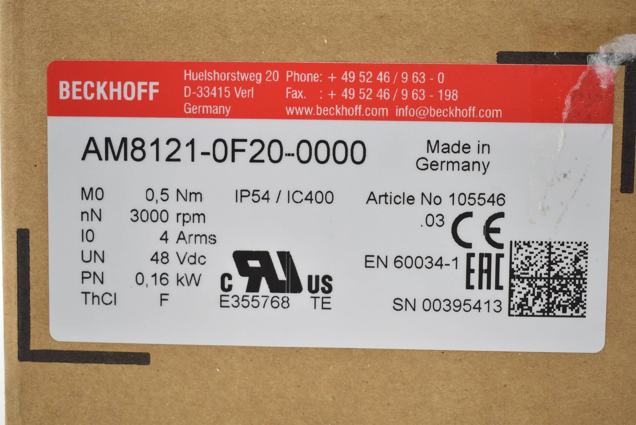 Beckhoff AM5121-wFyz Servomotor AM8121-0F20-0000 ( 3000rpm 48VDC 0,16kW )