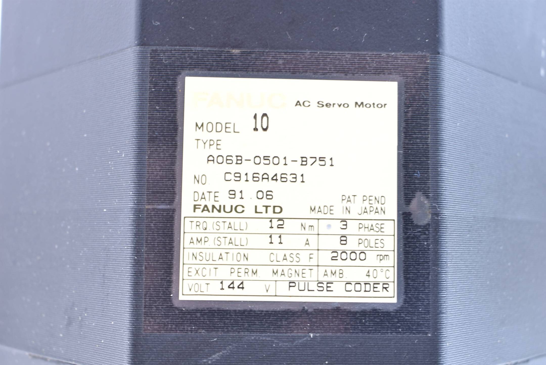 Fanuc Model 10 AC Servo Motor 12Nm 11A 2000rpm 144V ( A06B-0501-B751 )