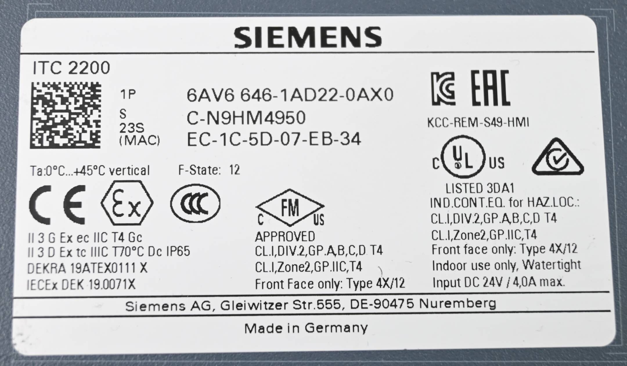 Siemens Simatic HMI Touchpanel 6AV6646-1AD22-0AX0 ( 6AV6 646-1AD22-0AX0 ) E.12