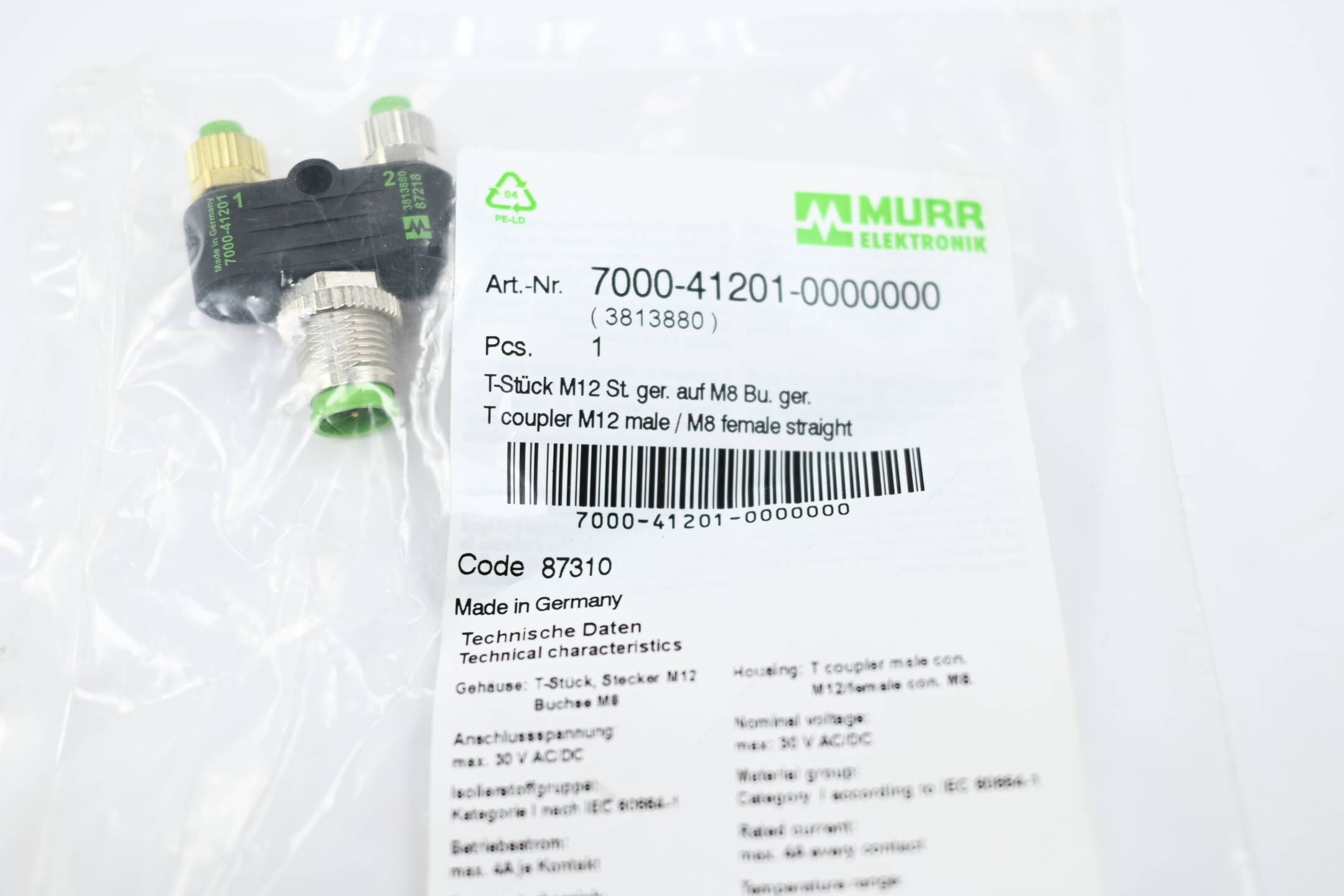 Murr Elektronik T-Stück M12 St. / 2x M8 Bu. A-kod. 7000-41201-0000000