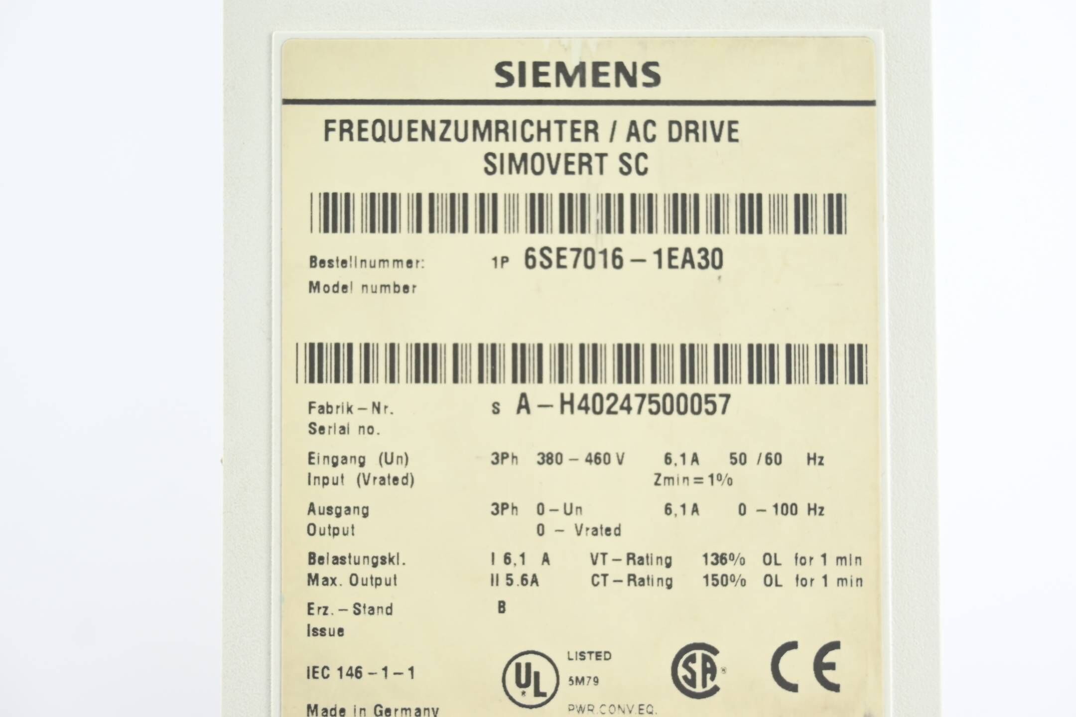 Siemens Simovert SC Frequenzumrichter 6SE7016-1EA30 inkl. Steuerkarte CU3 Ver. B