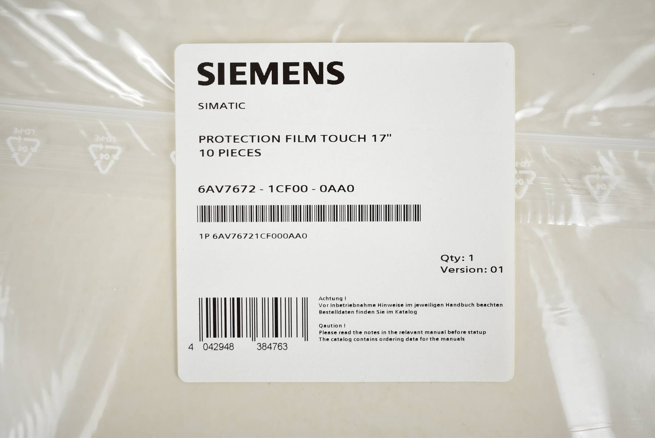 Siemens Schutzfolie 17"-Touch-Geräte 6AV7672-1CF00-0AA0 ( 6AV7 672-1CF00-0AA0 )