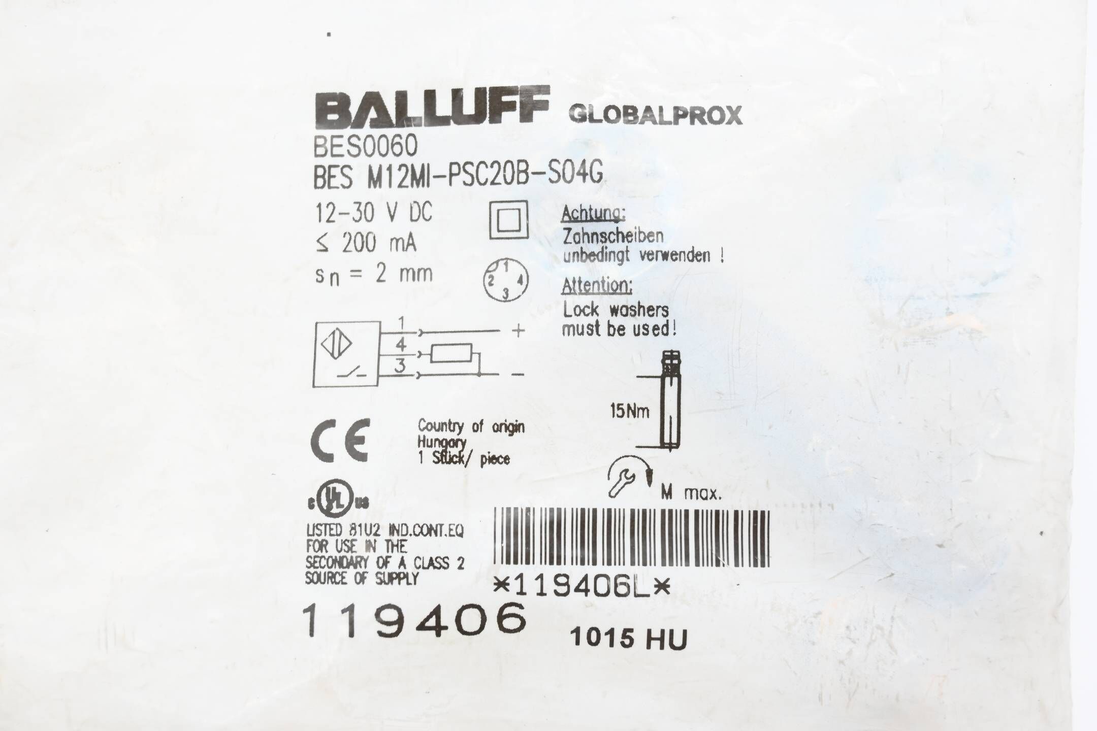 Balluff BES0060 induktiver Standardsensor BES M12MI-PSC20B-S04G