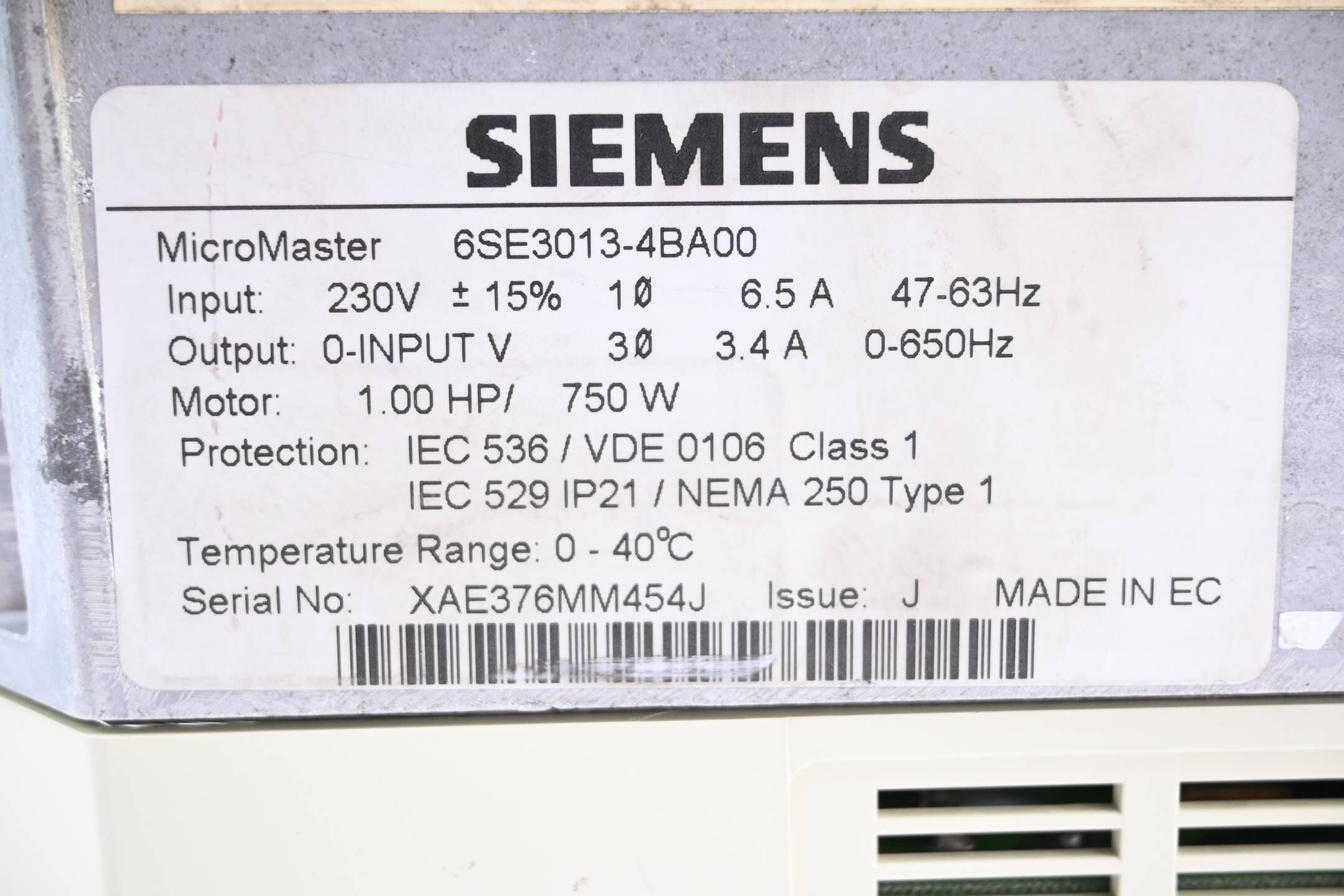 Siemens Simovert P Micromaster 6SE3013-4BA00 ( 6SE3 013-4BA00 )
