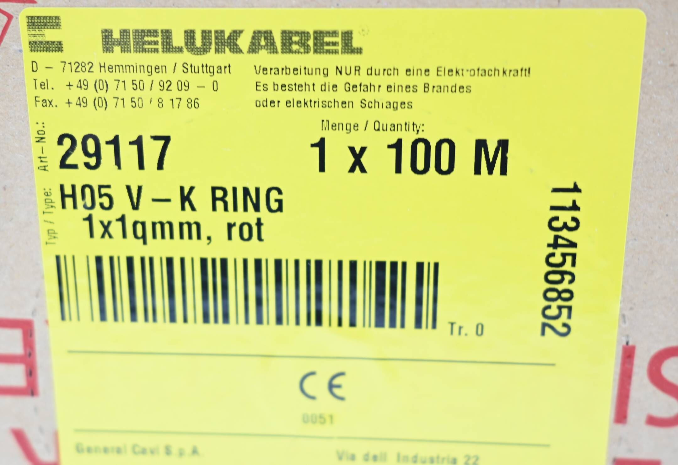 Helukabel Einzelader H05 V-K Ring 1x1qmm, rot ( 29117 ) 100m