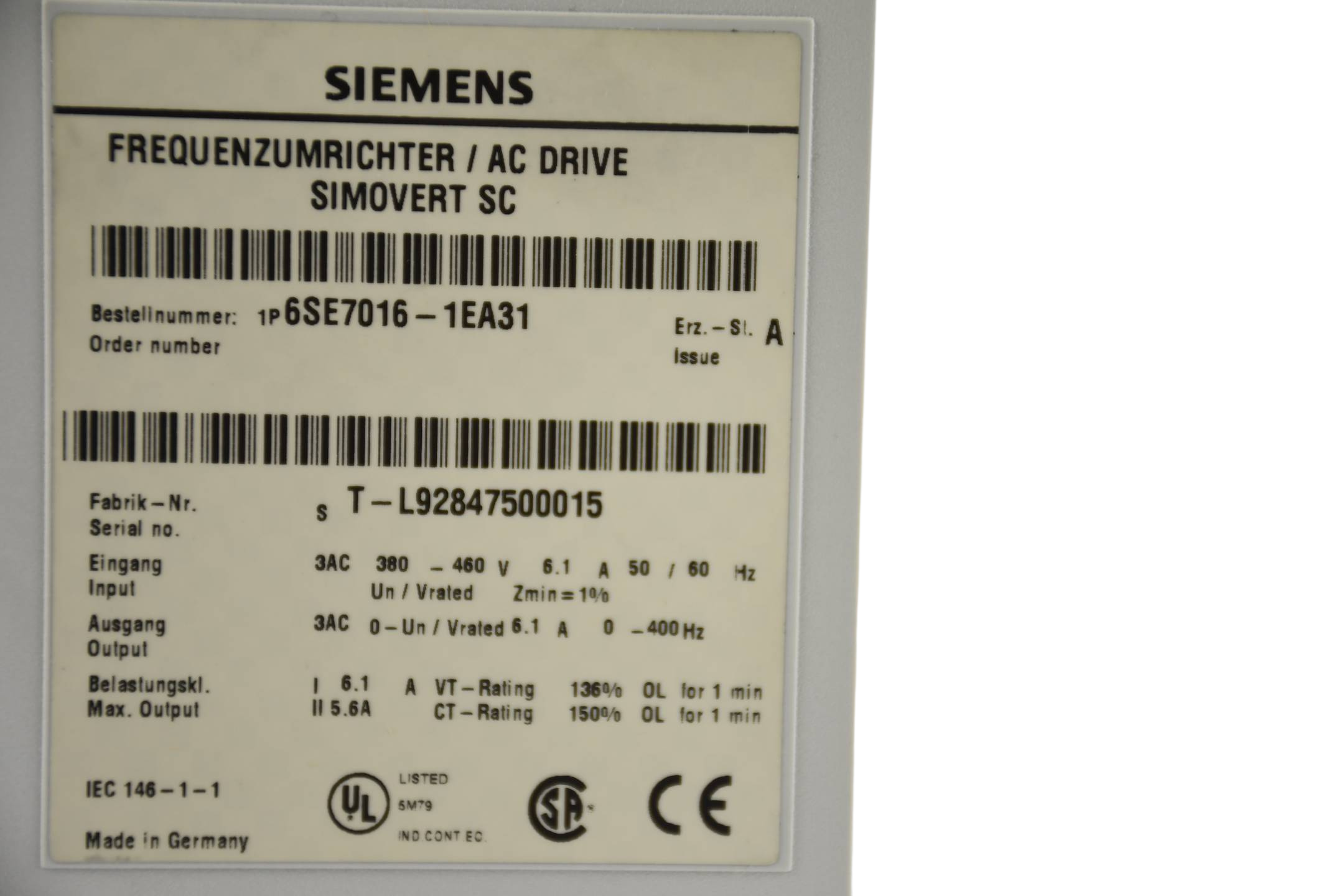 Siemens simovert Masterdrives SC Umrichter 6SE7016-1EA31 ( 6SE7 016-1EA31 ) Ez A