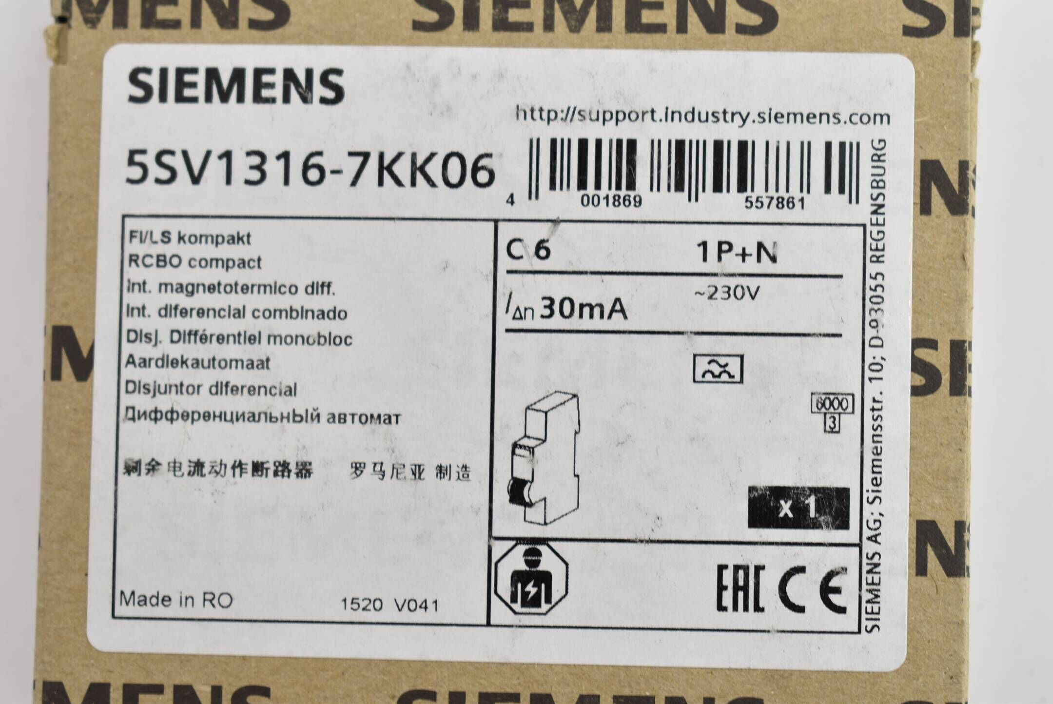 Siemens FI/LS kompakt 1P+N 6kA Typ A 30mA C6 5SV1 316-7KK06 ( 5SV1316-7KK06 )