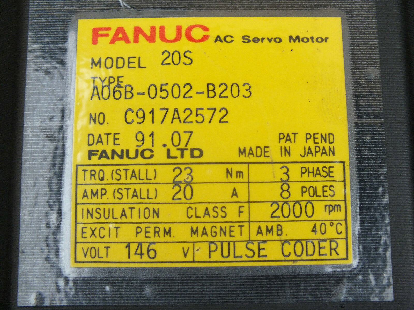 Fanuc ac servo motor model 20S Typ: A06B-0502-B203