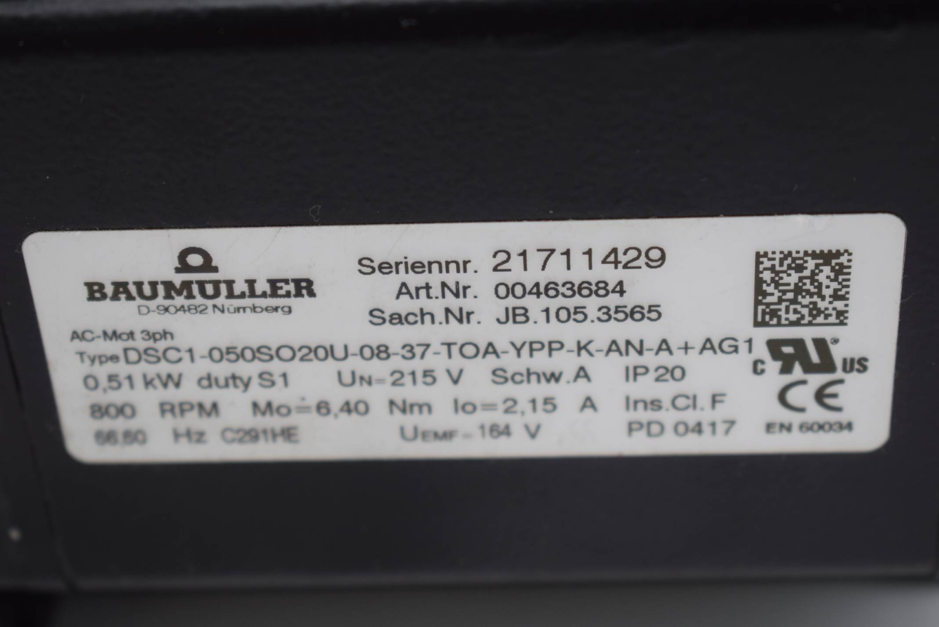 Baumüller AC Motor DSC1-050SO20U-08-37-TOA-YPP-K-AN-A+AG1 inkl. 100300611