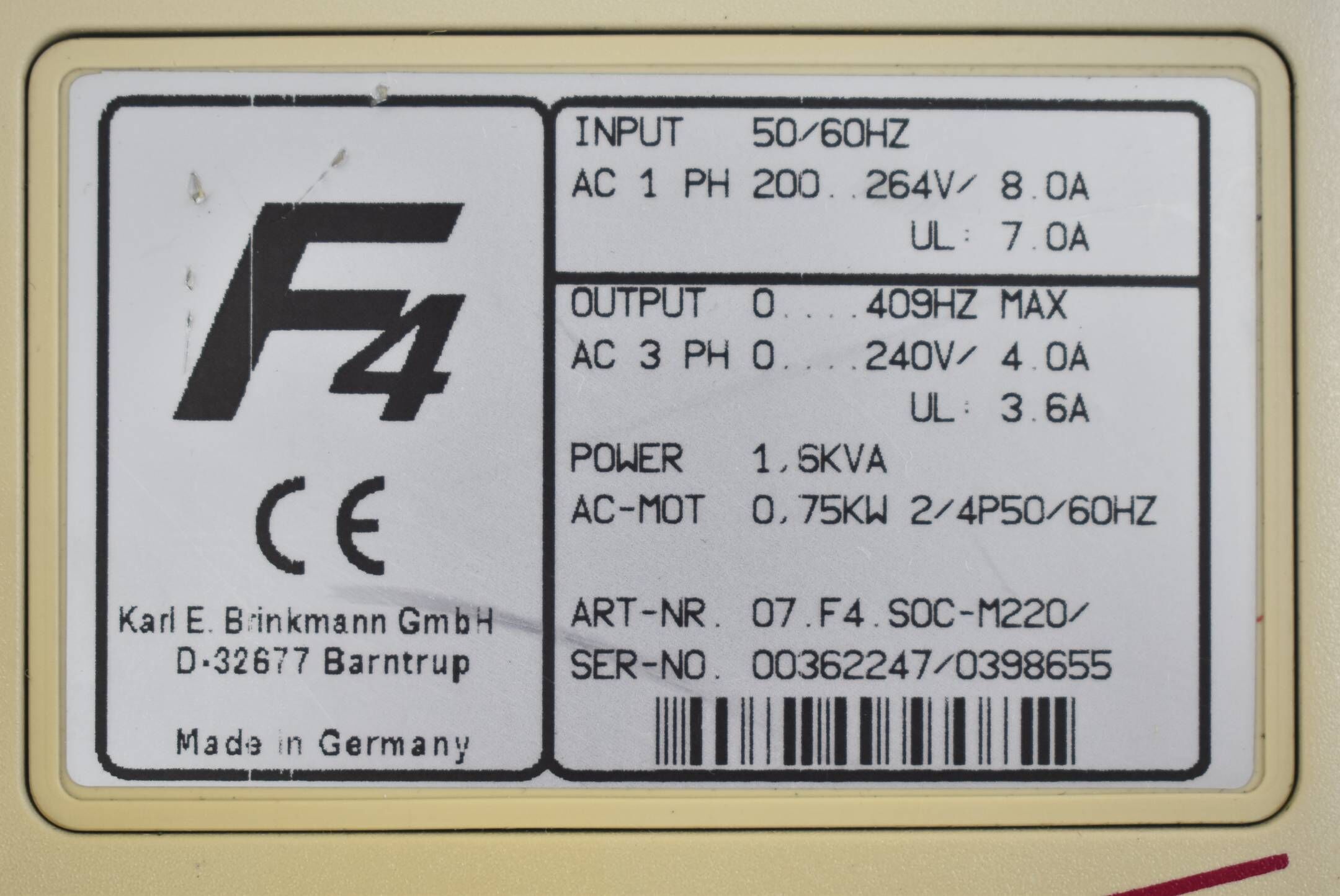 KEB Frequenzumrichter 07F4S0C-M220 ( 0,75kW ) + HF-Filter 09.E4-T60-0001