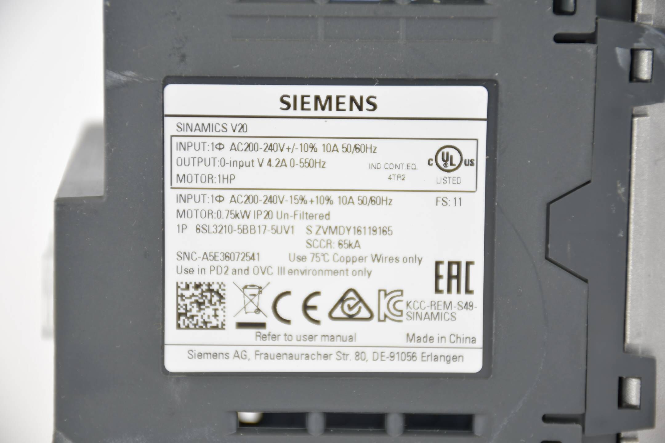 Siemens sinamics V20 Umrichter 6SL3210-5BB17-5UV1 ( 6SL3 210-5BB17-5UV1 ) E11