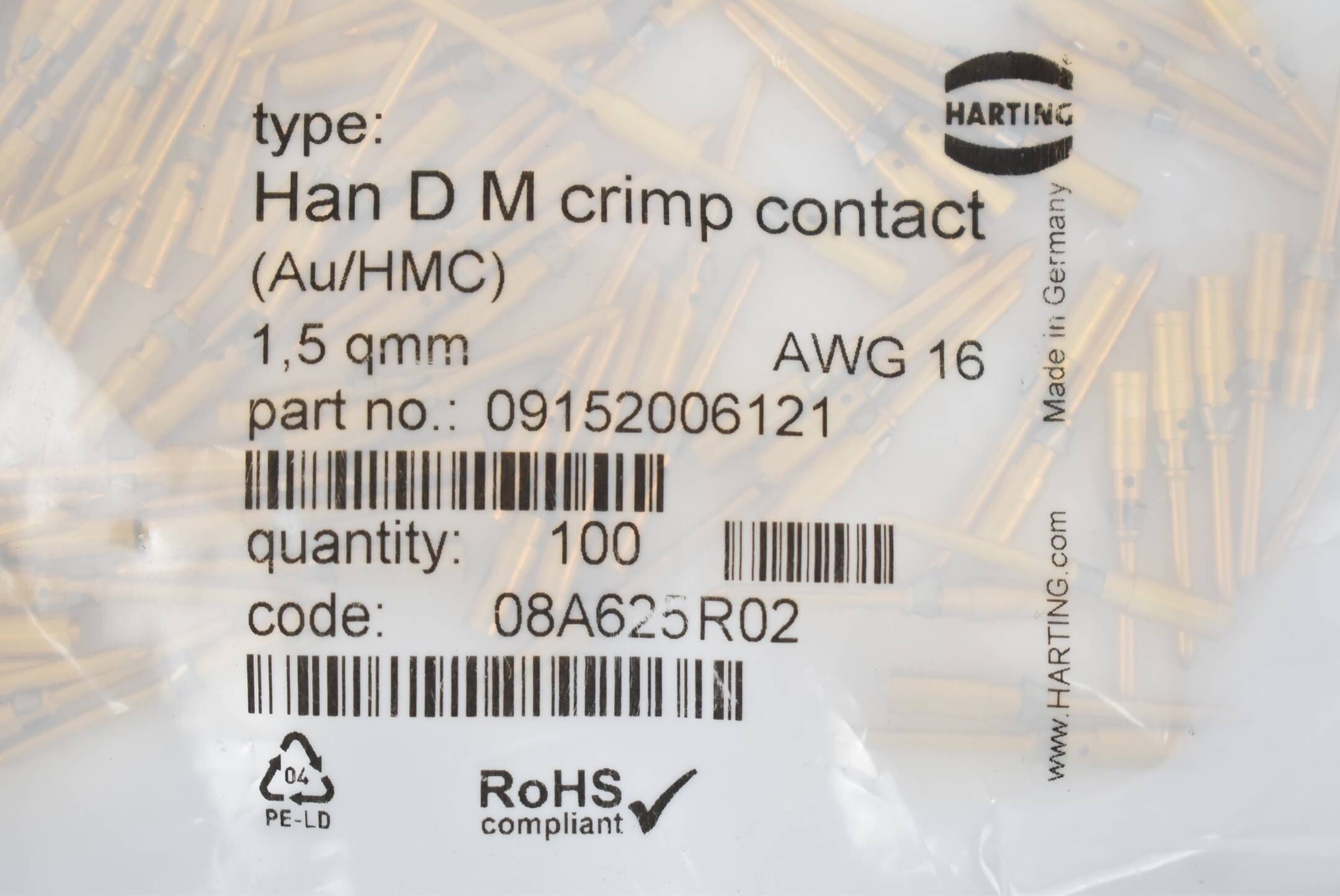Harting Han D M crimp contact 09152006121 ( VE 100 Stück ) 1,5qmm / AWG 16