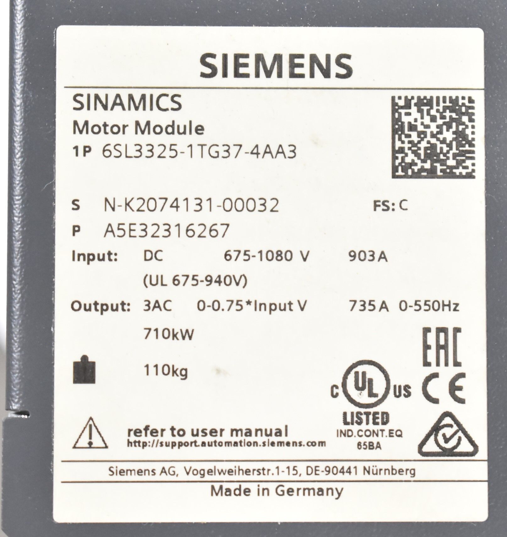 Siemens 675-1080V 903A 710kW 6SL3325-1TG37-4AA3 ( 6SL3 325-1TG37-4AA3 ) E.C