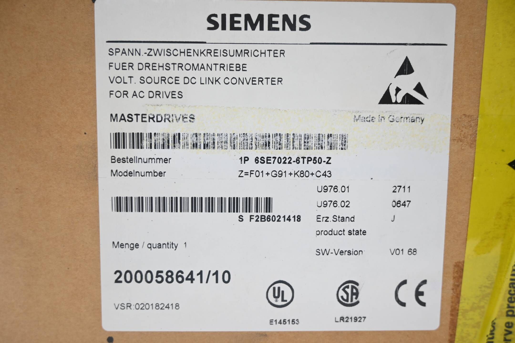 Siemens Masterdrives 6SE7022-6TP50-Z ( 6SE7 022-6TP50-Z ) Z=F01+G91+K80+C43