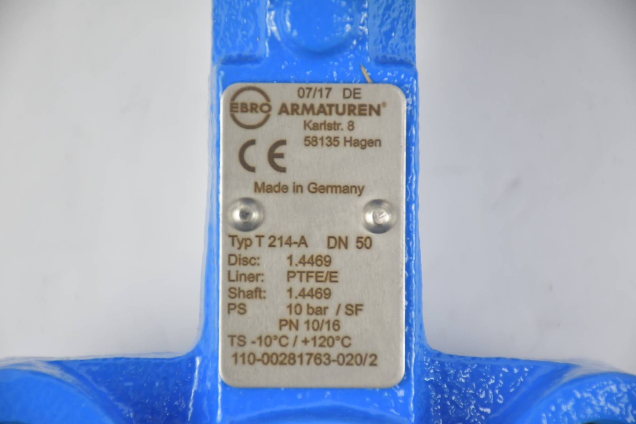 Ebro Armaturen PFTE Anflanschklappe T 214-A DN50 inkl. Handgetriebe 232-05 / 4520244