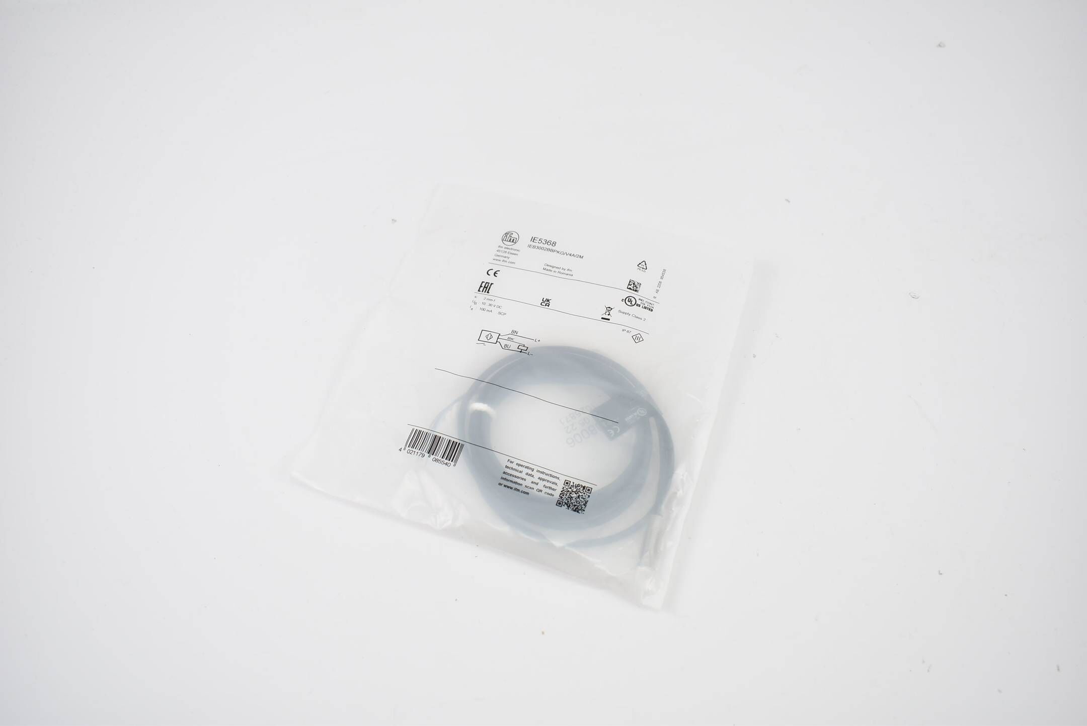 Ifm induktiver Sensor 2mm 10-30VDC 100mA IE5368 ( IEB3002BBPKG/V4A/2M )