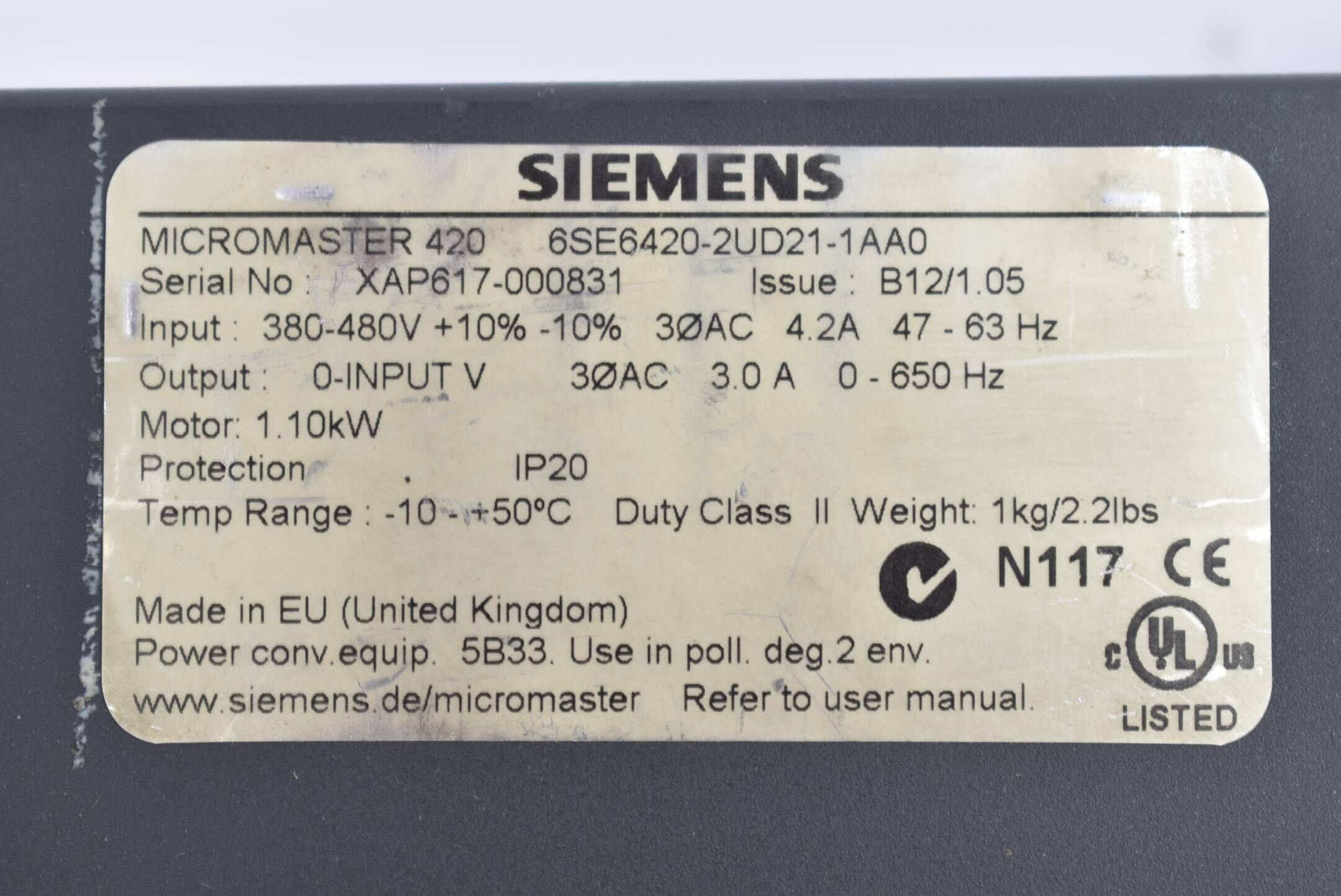 Siemens Micromaster 420 6SE6420-2UD21-1AA0 inkl. EMC Filter 6SE6400-2FA00-6AD0