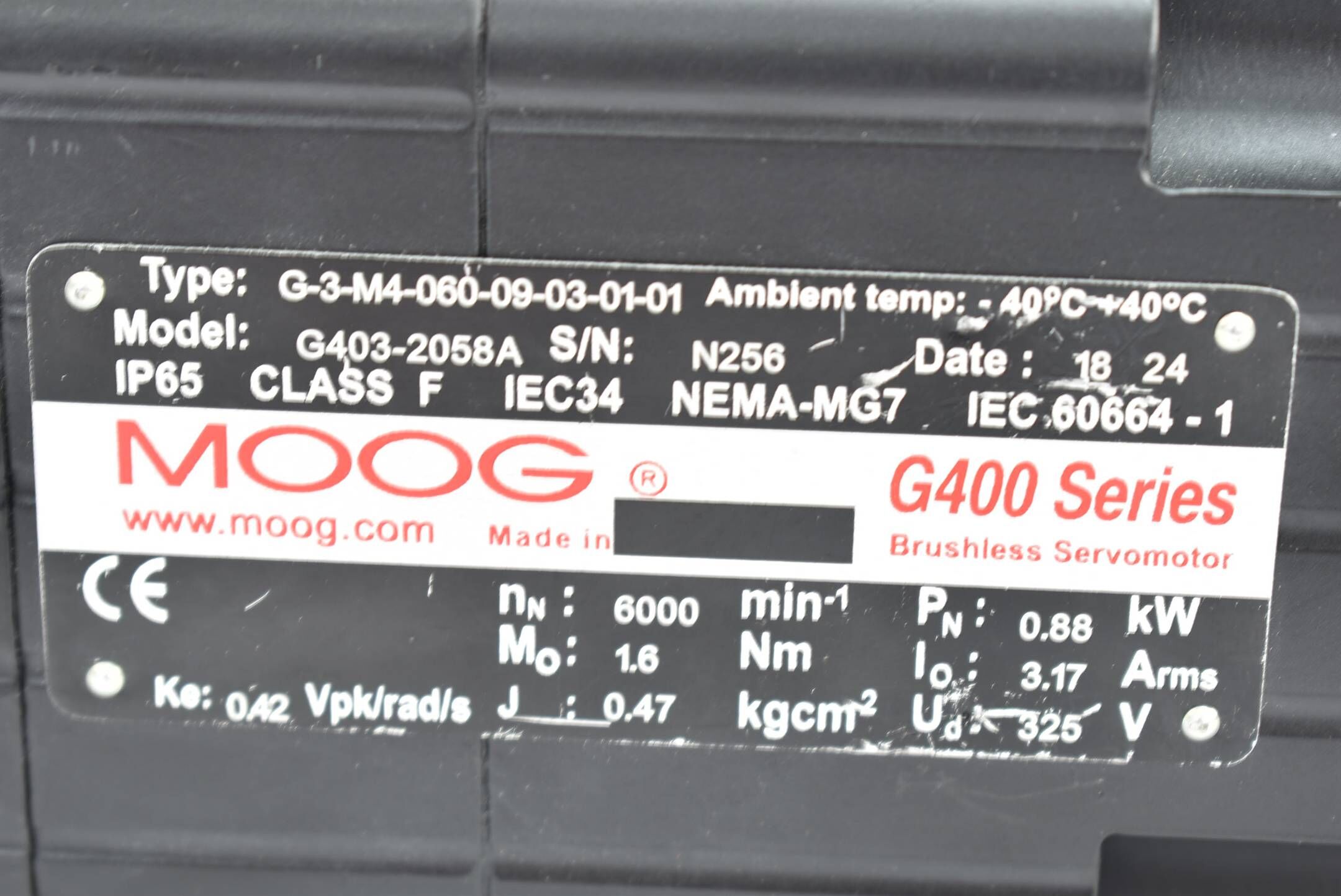 Moog G400 Series Brushless Servomotor G403-2058 A G-3-M4-060-09-03-01-01