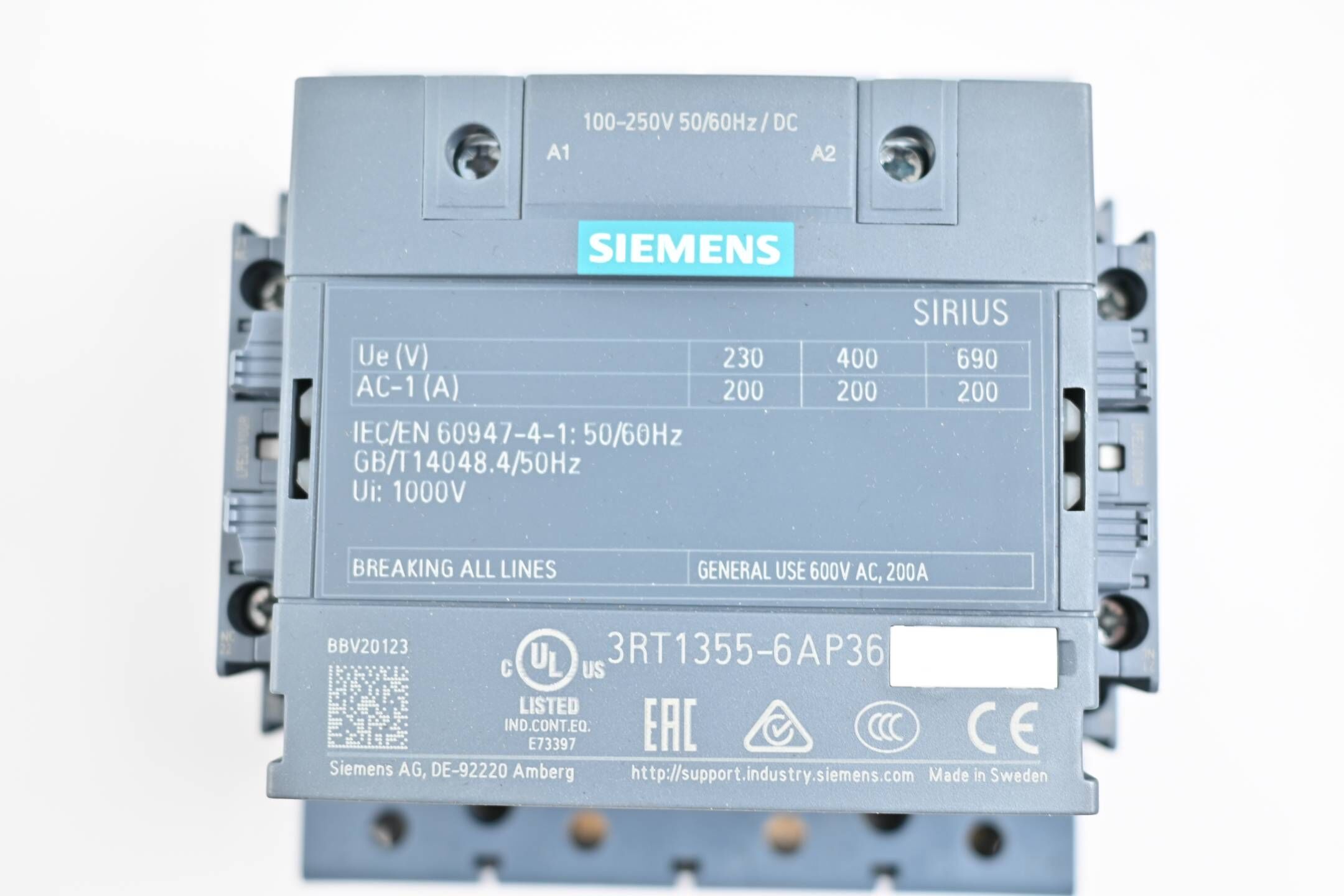 Siemens Sirius Schütz 3RT1355-6AP36 ( 3RT1 355-6AP36 ) AC-1, 200 A/400 V/40 °C