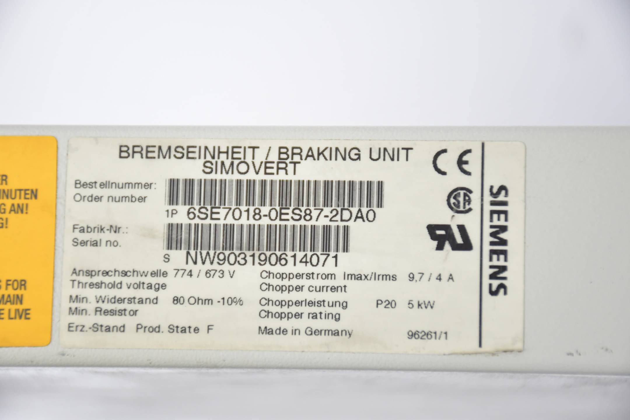 Siemens Simovert Bremseinheit 6SE7018-0ES87-2DA0 ( 6SE7 018-0ES87-2DA0 )