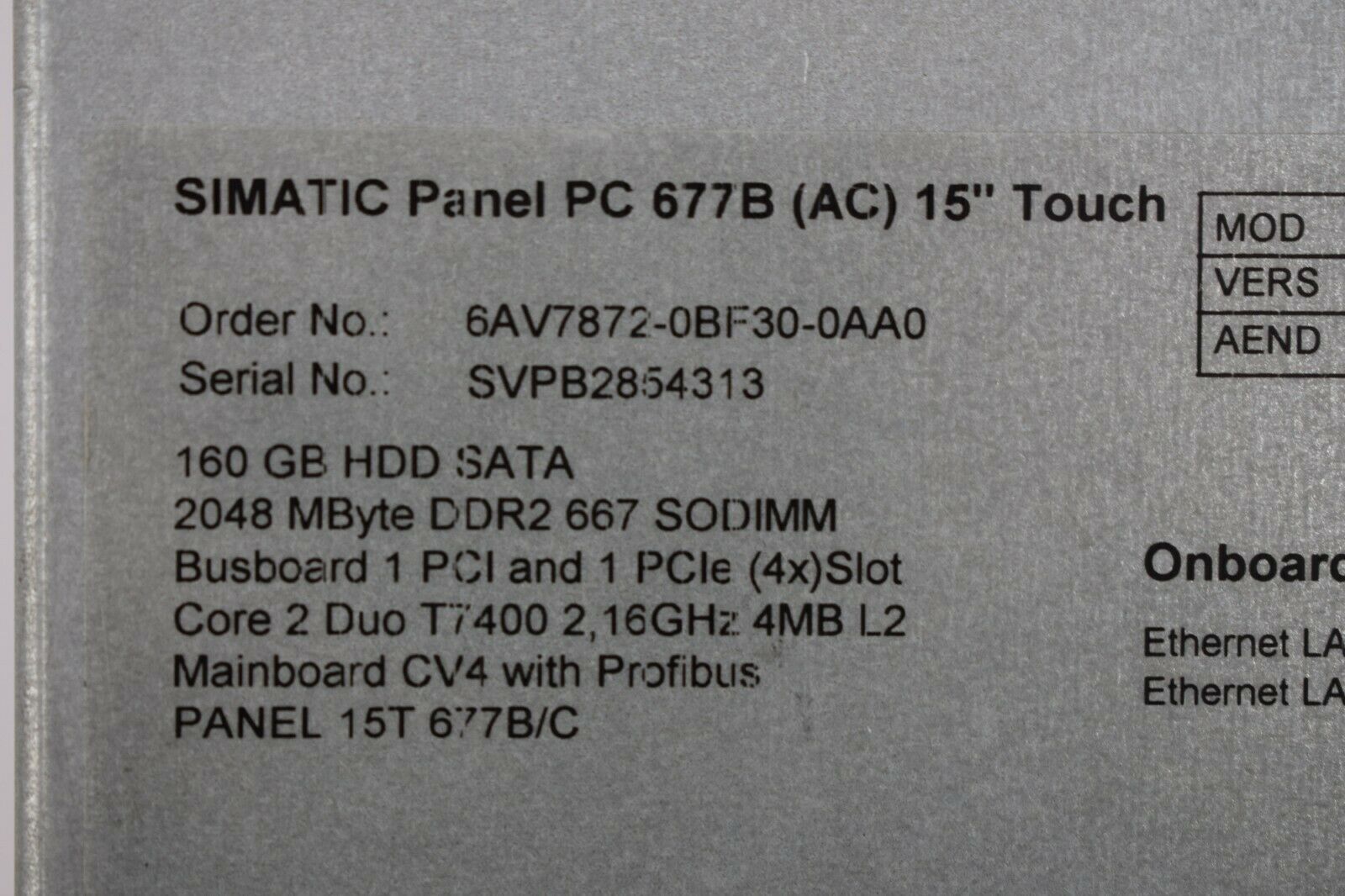 Siemens simatic Panel PC 677B (AC) 6AV7872-0BF30-0AA0