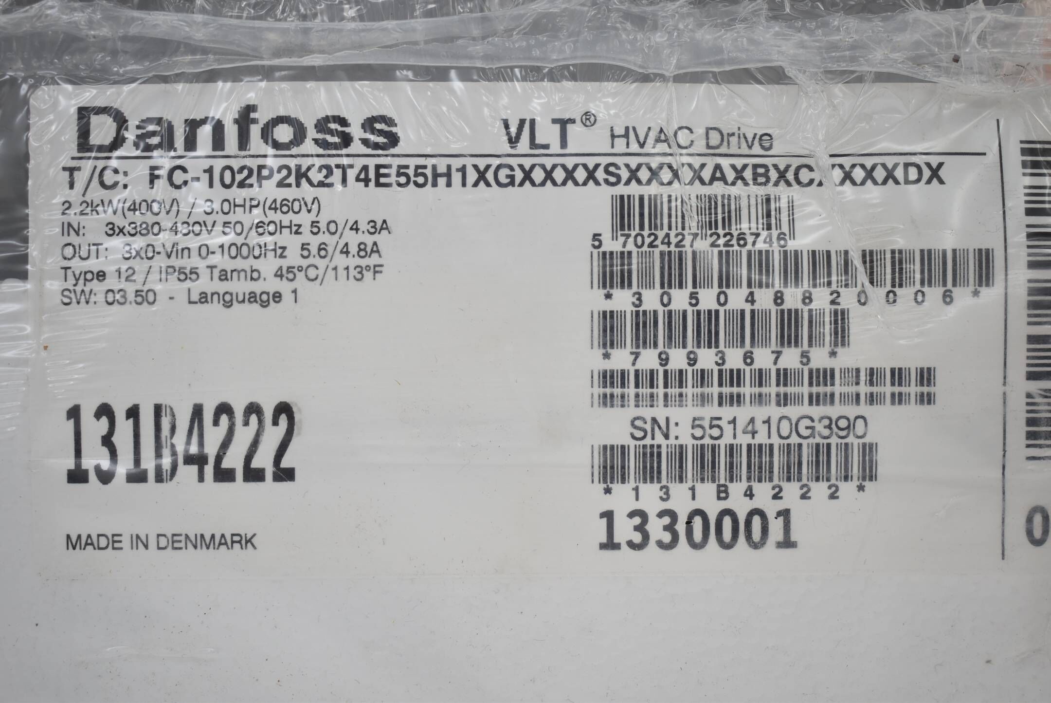 Danfoss VLT HVAC Drive FC-102P2K2T4E55H1XGXXXXSXXXXAXBXCXXXXDX ( 131B4222 )