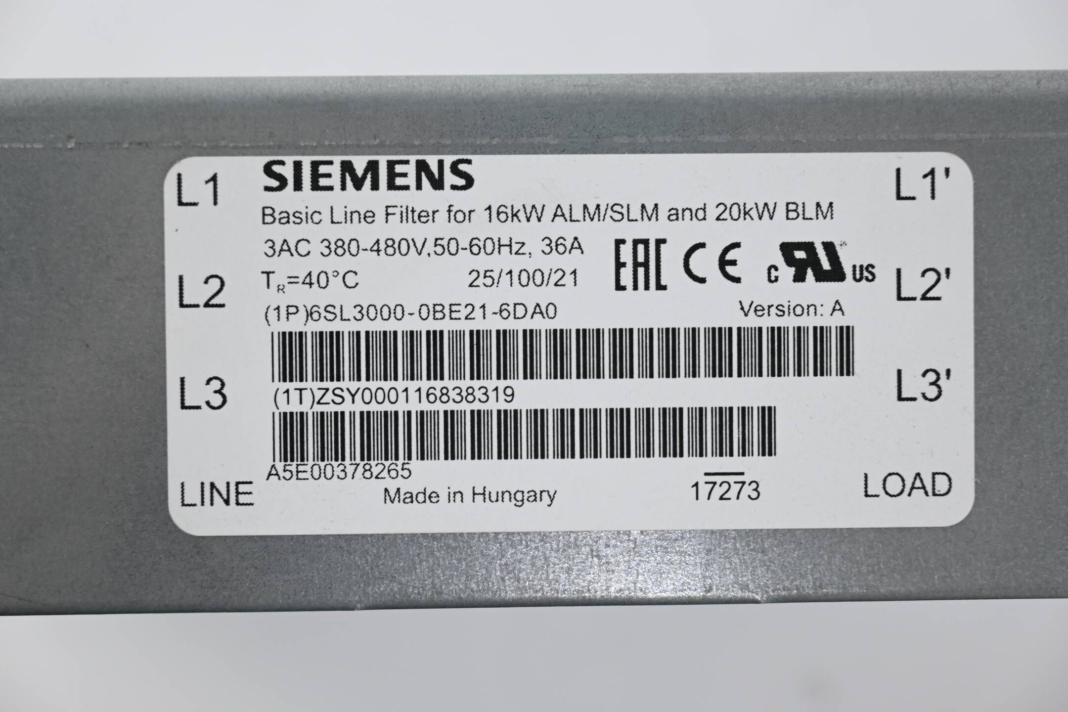 Siemens Sinamics Basic Line Filter 6SL3000-0BE21-6DA0 ( 6SL3 000-0BE21-6DA0 )