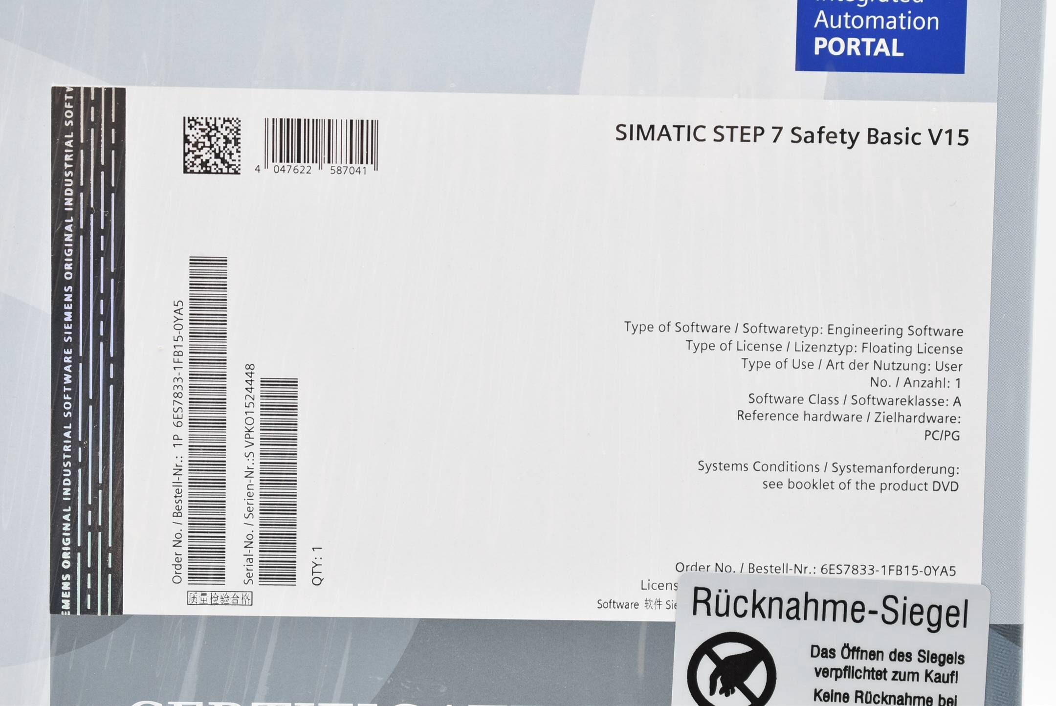 Siemens simatic STEP 7 Safety Basic V15 6ES7833-1FB15-0YA5 