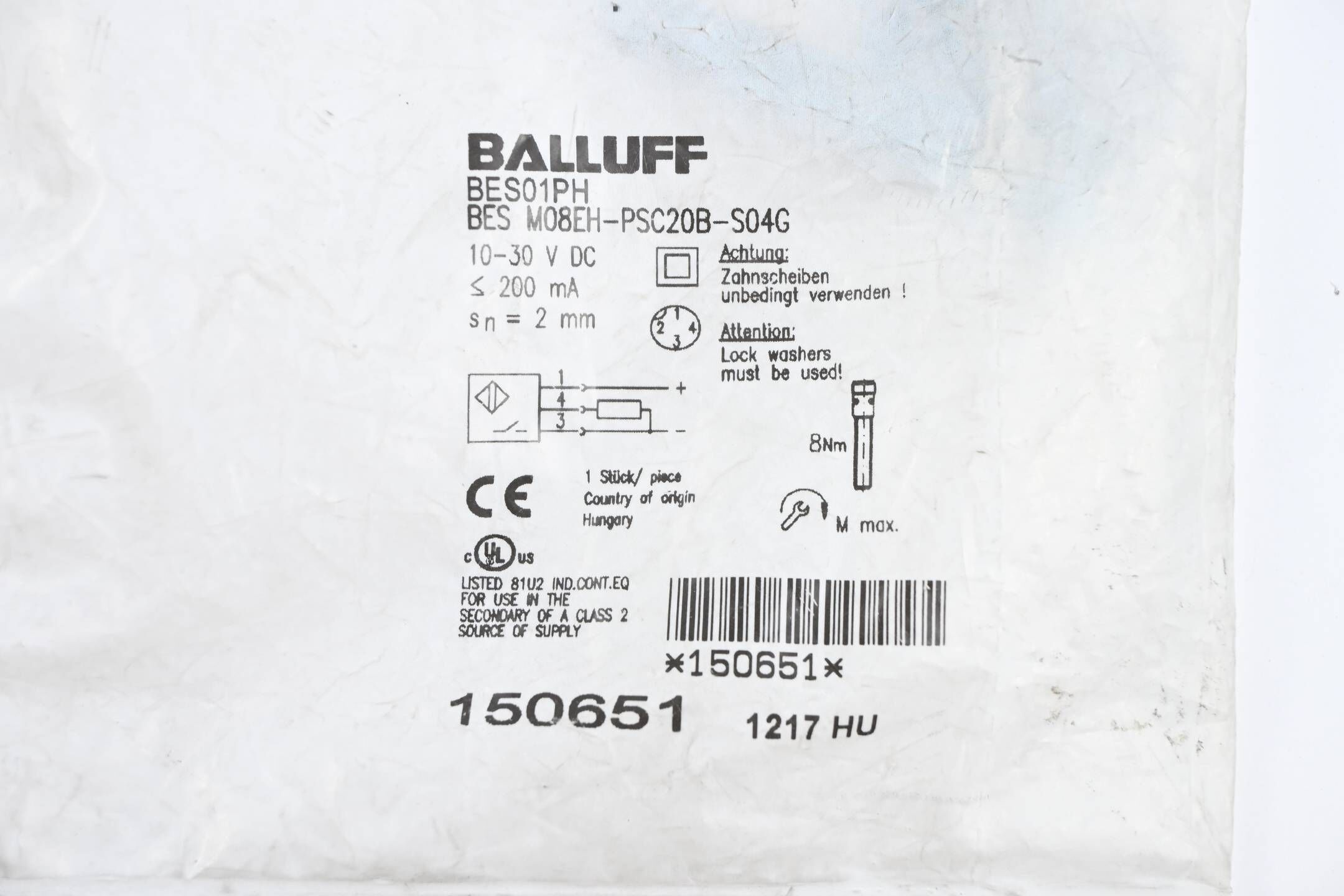 Balluff Induktiver Näherungsschalter BES01PH ( BES M08EH-PSC20B-S04G ) 150651