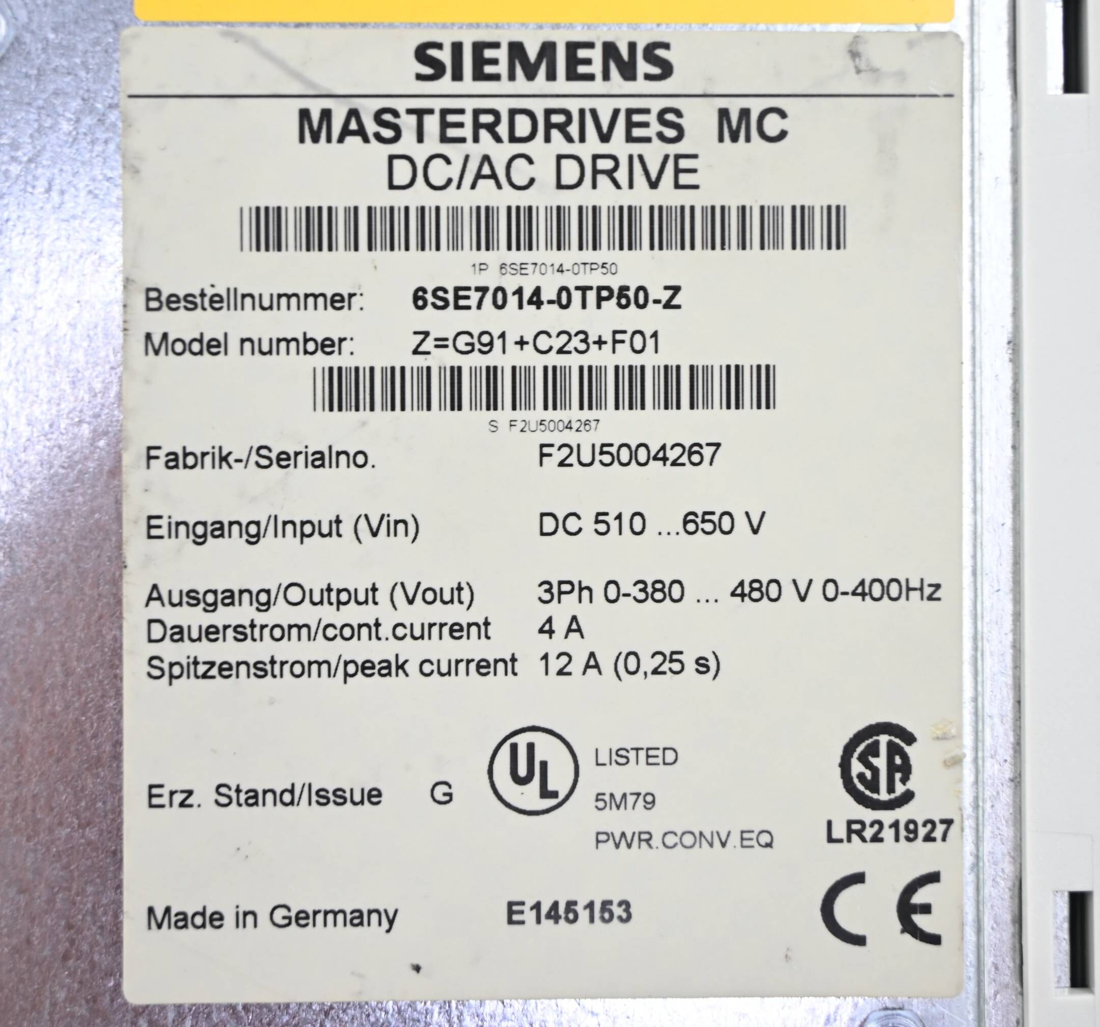 GENERALÜBERHOLT Siemens Masterdrives 6SE7014-0TP50-Z ( Z= G91 + C23 + F01 ) E. G