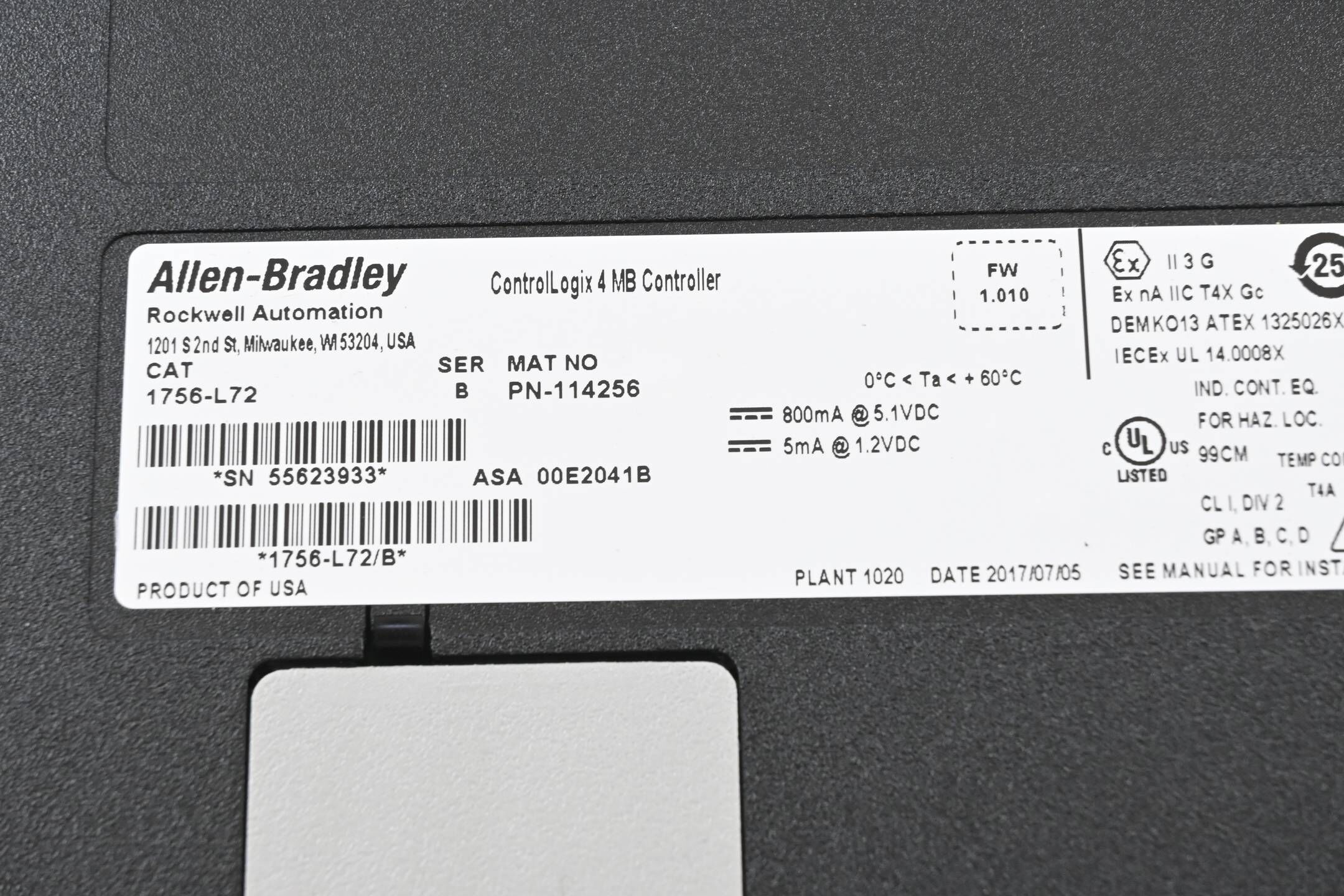 Allen-Bradley ControlLogix 4 MB Controller 1756-L72 ( Ser. B / FW: 1.010 )