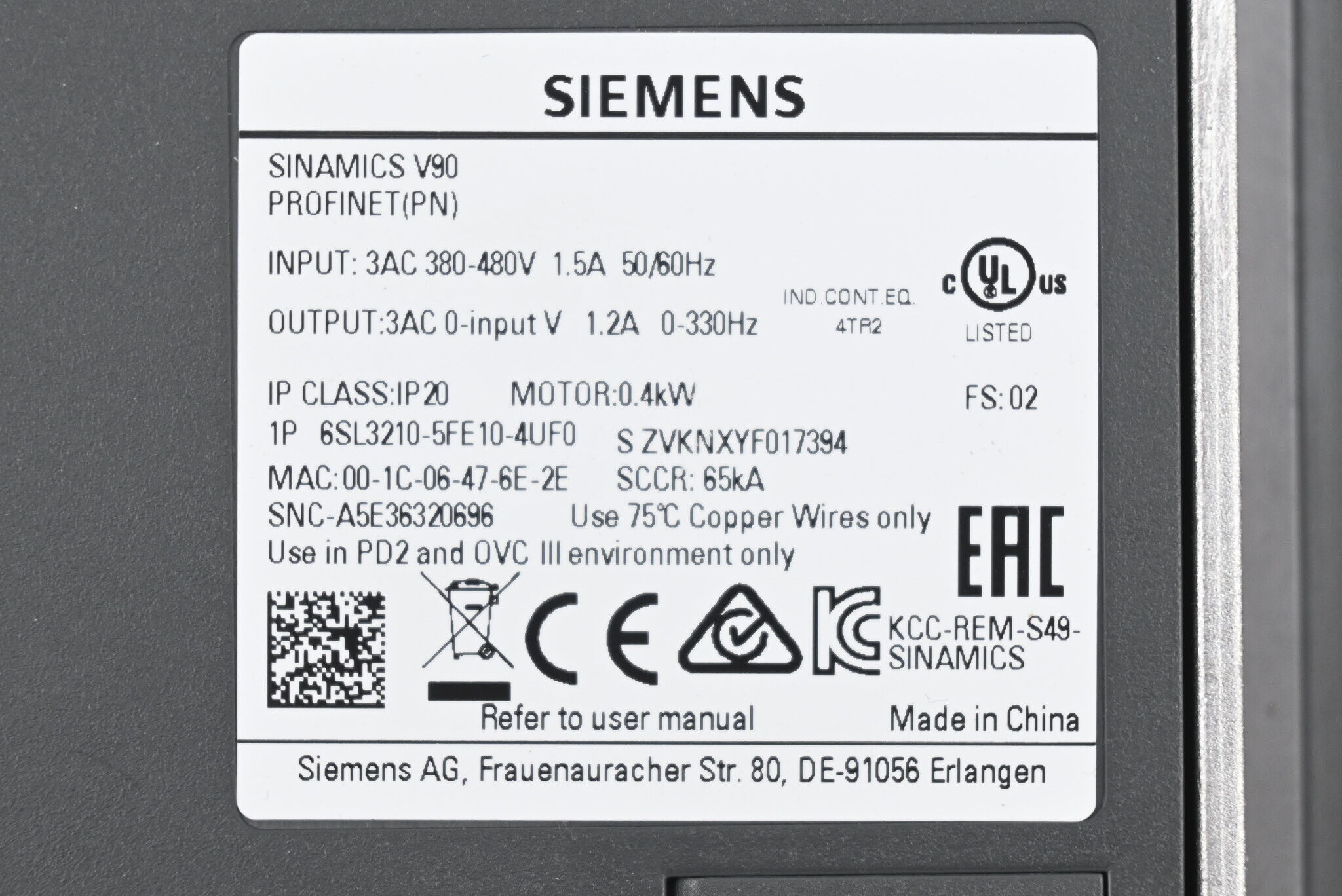 Siemens Sinamics V90 6SL3210-5FE10-4UF0 ( 6SL3 210-5FE10-4UF0 ) E.02