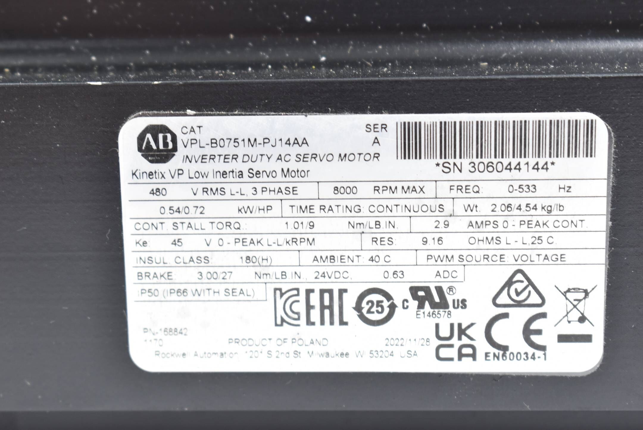 Allen Bradley AC-Servomotor VPL-B0751M-PJ14AA
