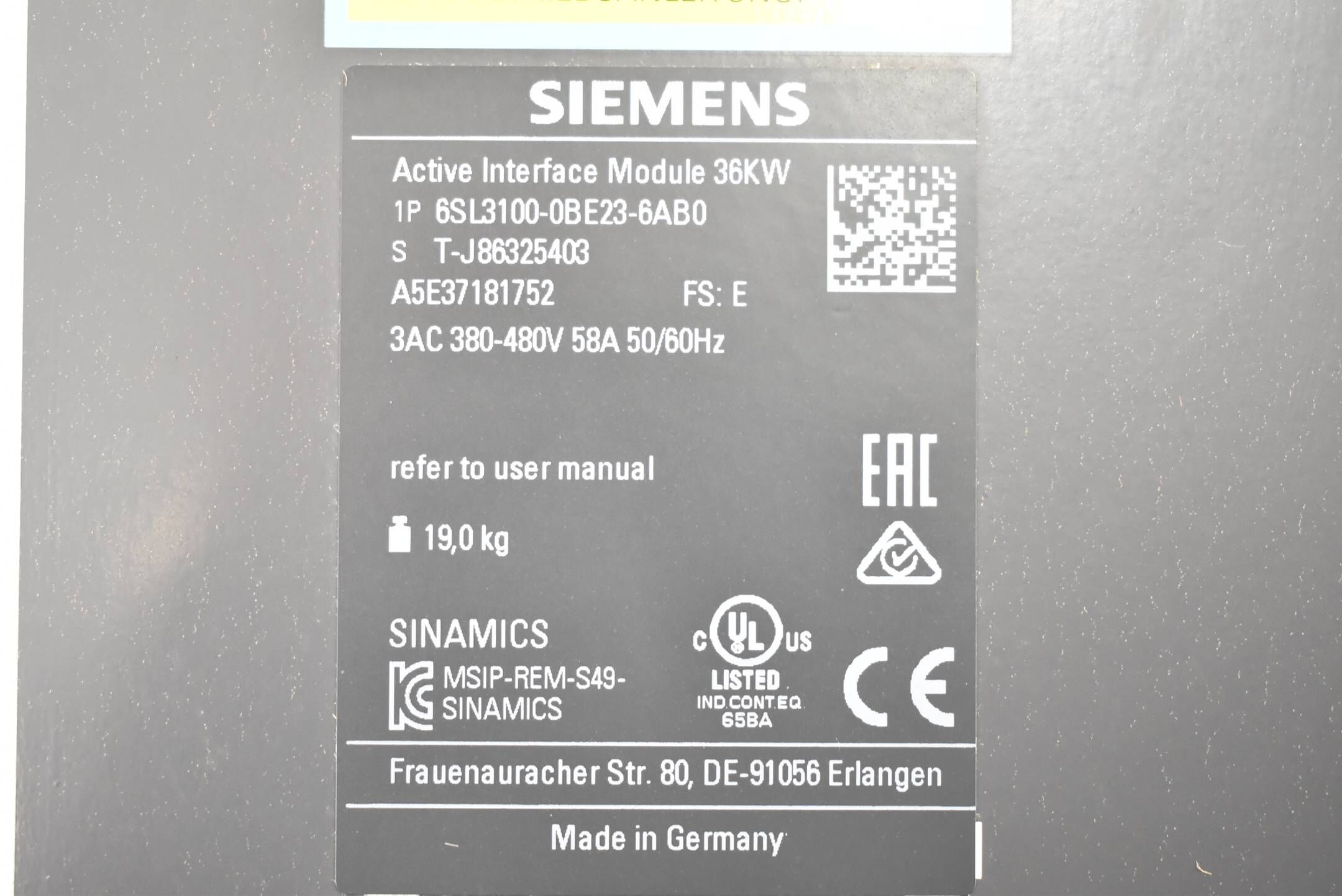Siemens sinamics S120 6SL3 100-0BE23-6AB0 ( 6SL3100-0BE23-6AB0 ) E.E 36kW