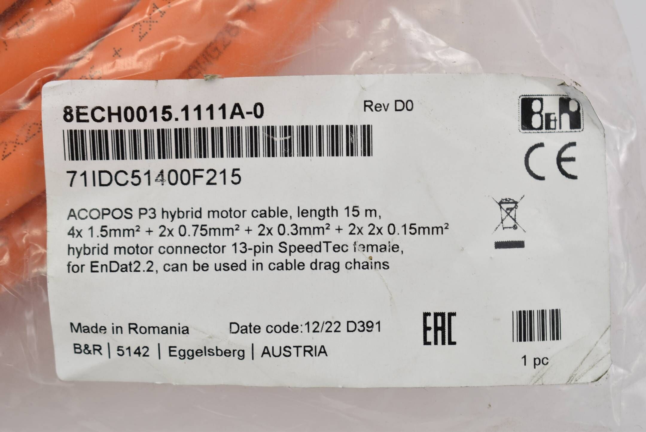 B&R automation Acopos P3 Motorhybridkabel 15m 8ECH0015.1111A-0 Rev. D0