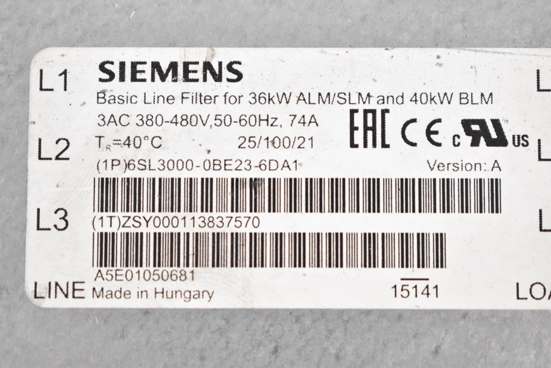 Siemens  S1200 3AC 380-480V 50/60Hz 6SL3000-0BE23-6DA1 ( 6SL3 000-0BE23-6DA1 )
