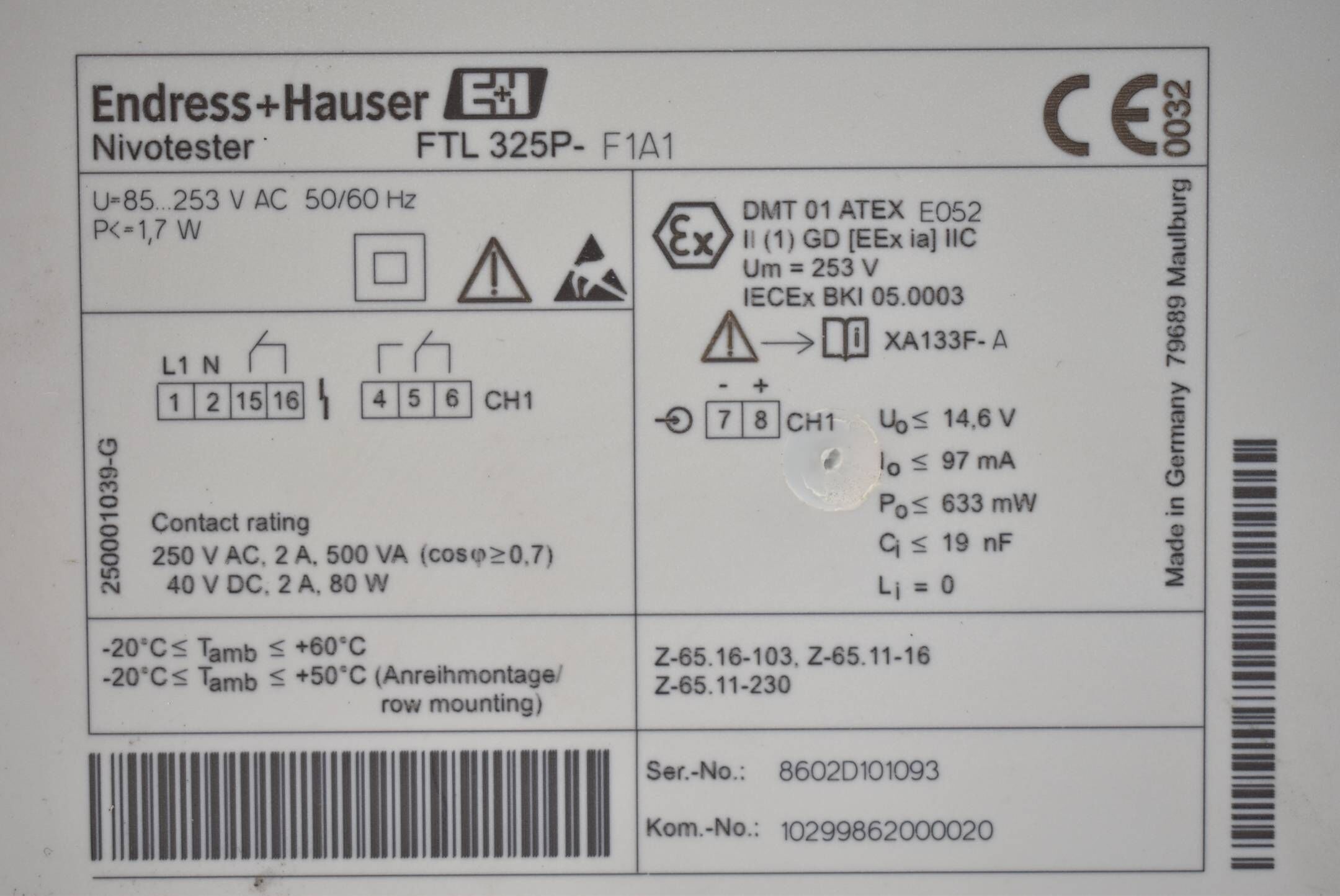Endress+Hauser Nivotester FTL 325P-F1A1 ( 253VAC 50-60Hz 1,7W )