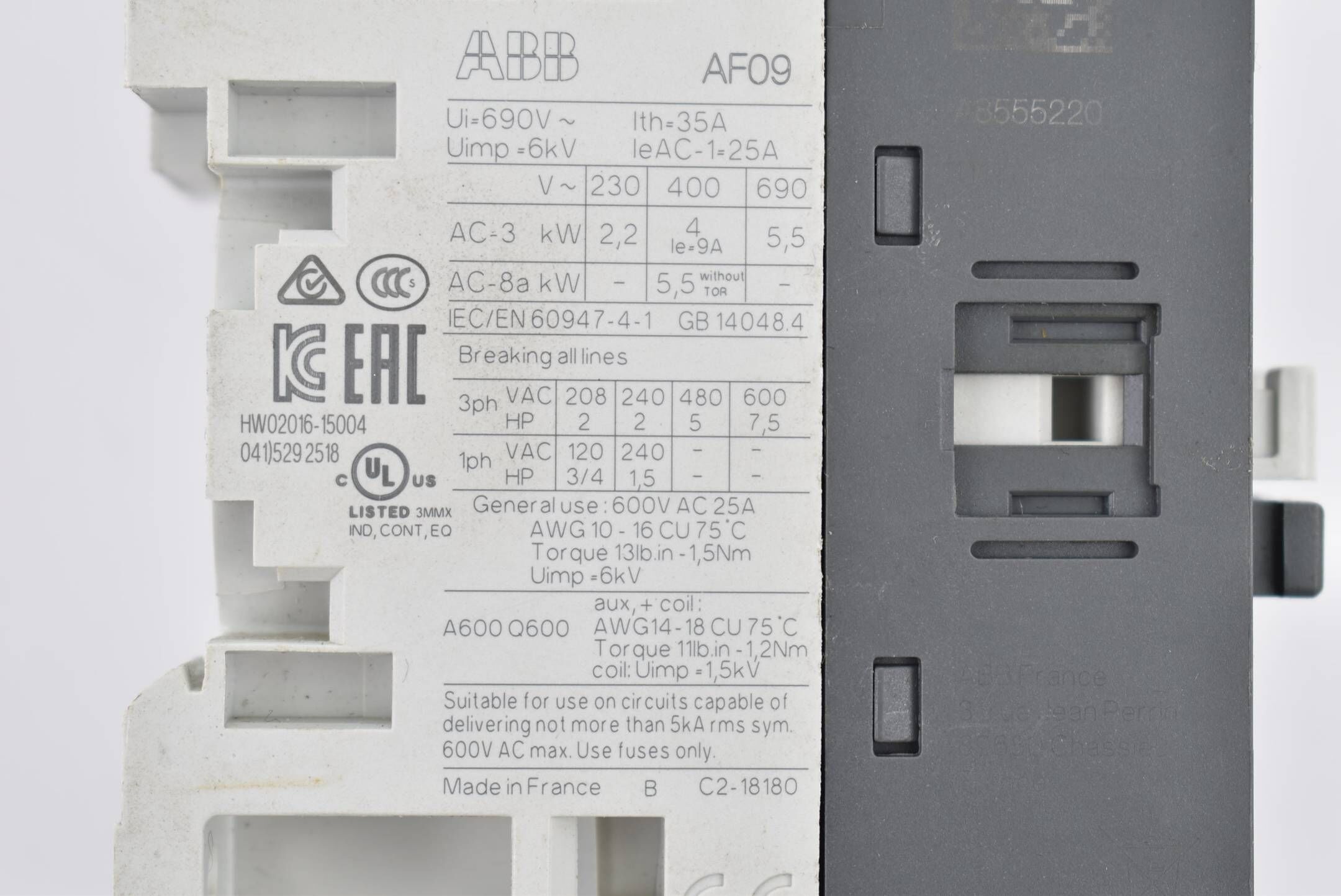 ABB Leistungsschütz Steuergerät 690 V 35 A 6 kV 1,25 A AF09