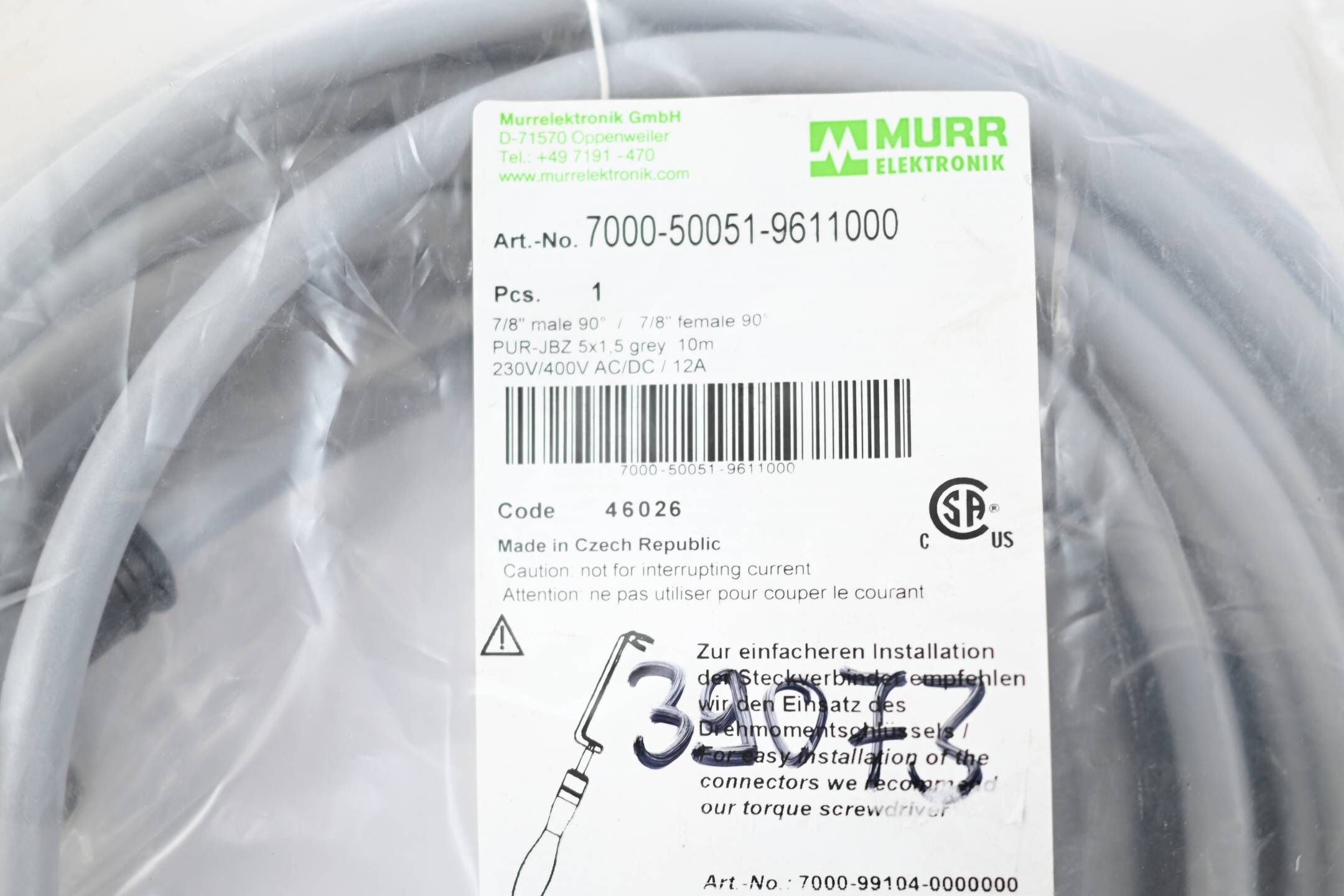 Murr 7/8'' St. 90° PUR 5x1.5 gr UL/CSA+schleppk. 10m ( 7000-50051-9611000 )